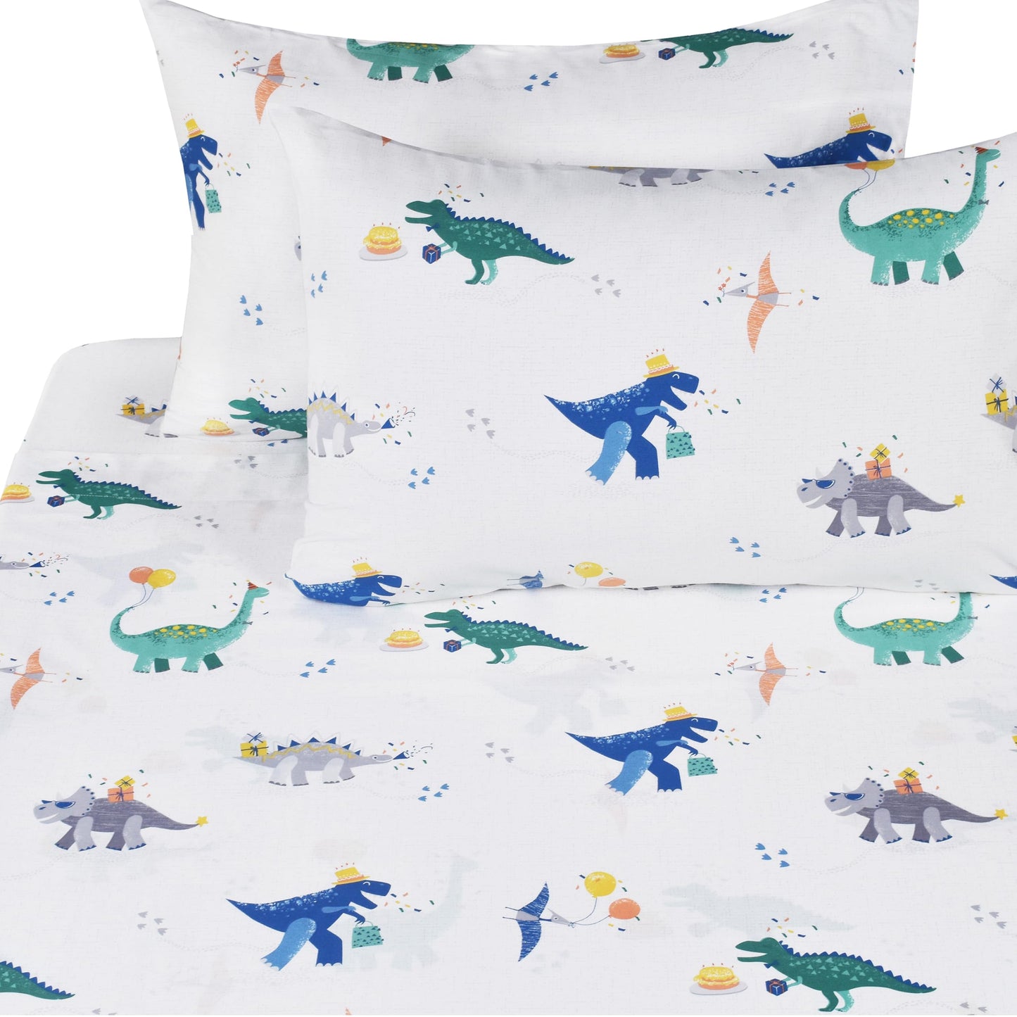 J-pinno Dinosaur Balloon Cake Gift Happy Birthday Party Full Sheet Set Boys Girls Bedroom Decoration Gift, 100% Cotton, Flat Sheet + Fitted Sheet + Pillowcase Bedding Set