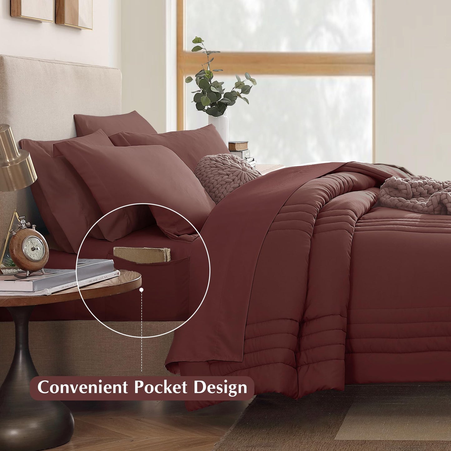 Monbix Queen Comforter Set - 7 Pieces Dark Red Bed in a Bag Queen Bedding Sets with Comforters, All Seasons Comforter Bed Set with Sheets, Pillowcases & Shams