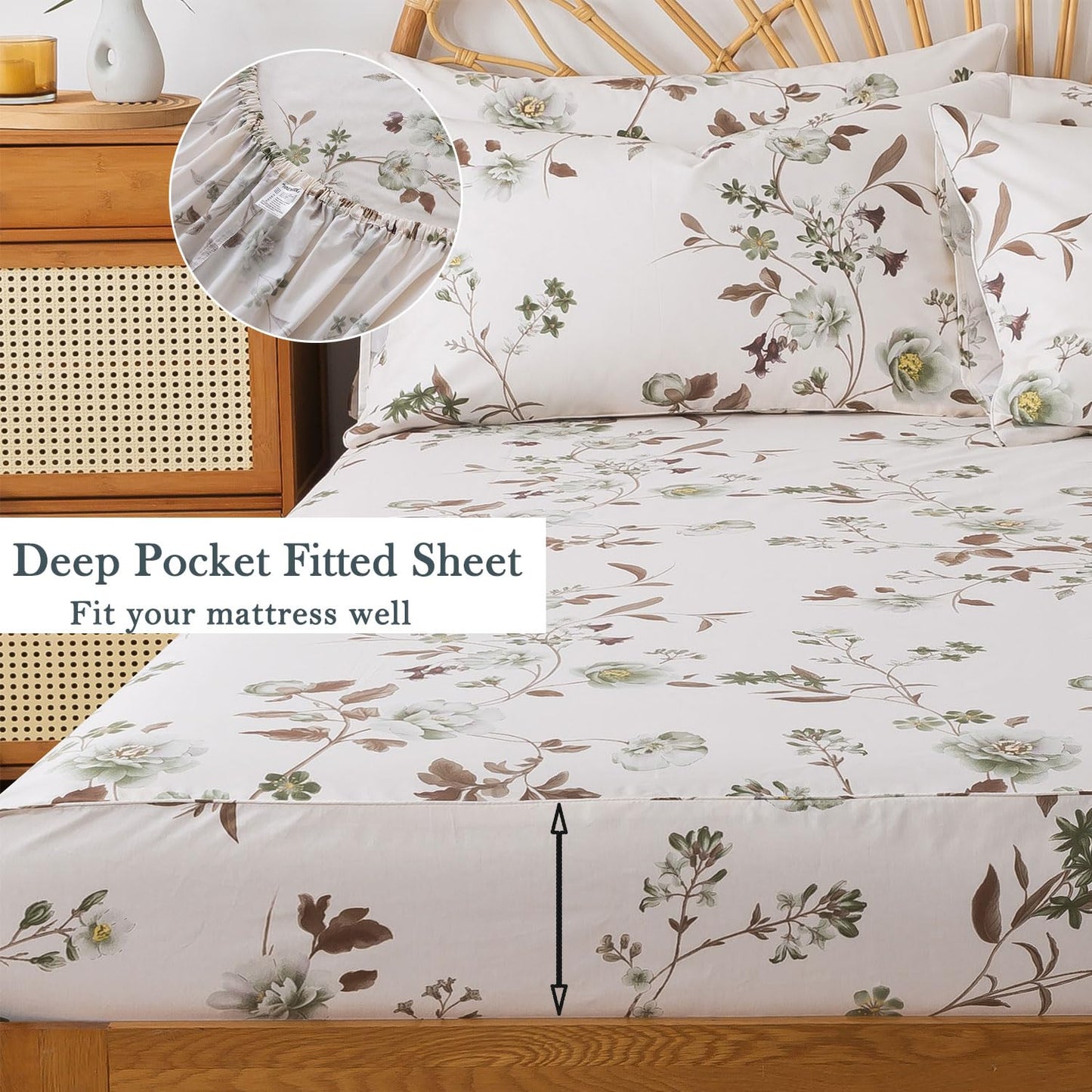 FADFAY Twin Sheets Set Percale Cotton Floral Bed Sheets Deep Pocket Fitted Sheet, Luxury Green Rose Floral Printed Shabby Bedding for All Season, Super Soft Crisp & Cool,4pcs