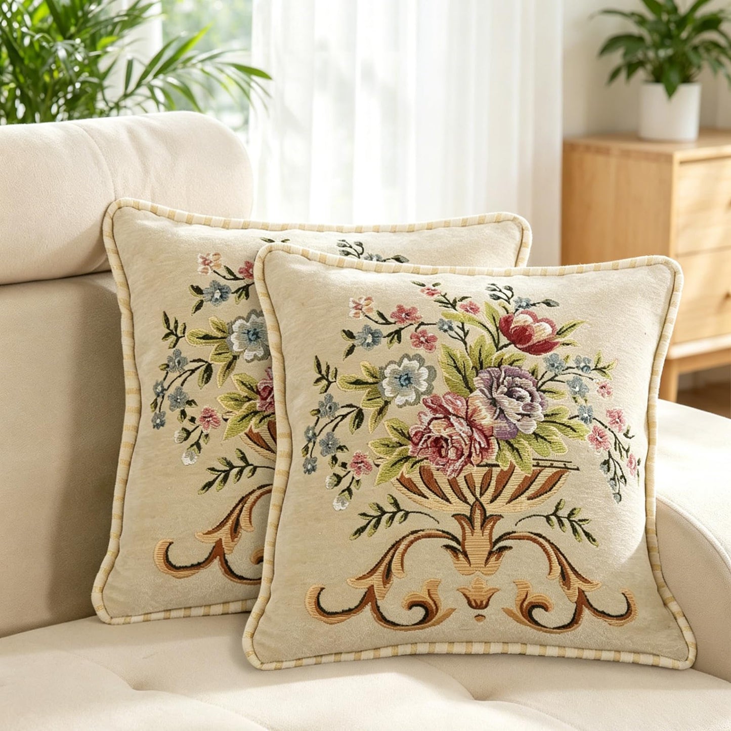 Qupace Set of 2 Beige Vintage Throw Pillows Covers 18x18in