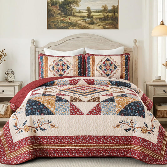 Dobuyly Queen Quilt Set,Floral Patchwork Bedspreads Queen Size,Red Summer Vintage Lightweight Coverlet Set for Queen Bed for All Season96 x90