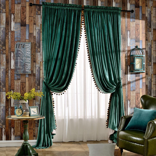 Melodieux Luxury Pom Poms Velvet Curtains for Bedroom Living Room, Vintage Room Darkening Rod Pocket Window Decorative Drapes, 52" W x 84" L, Antique Green (2 Panels)