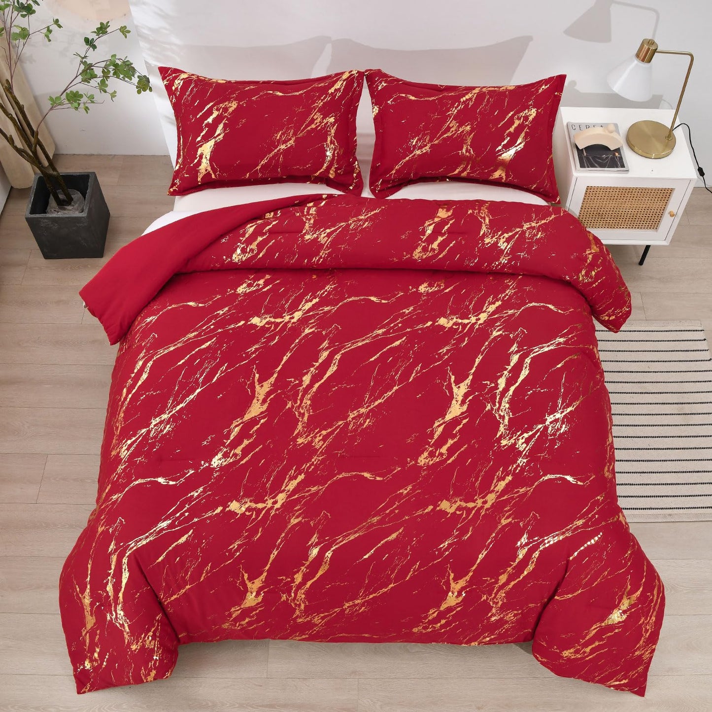 WONGS BEDDING Red Gold Metallic Marble Comforter Set Queen,Red Christmas Bedding Sets with 2 Pillowcases for All Seasons, Soft Microfiber Filling Bedding Duvet Set 90/inx90/in