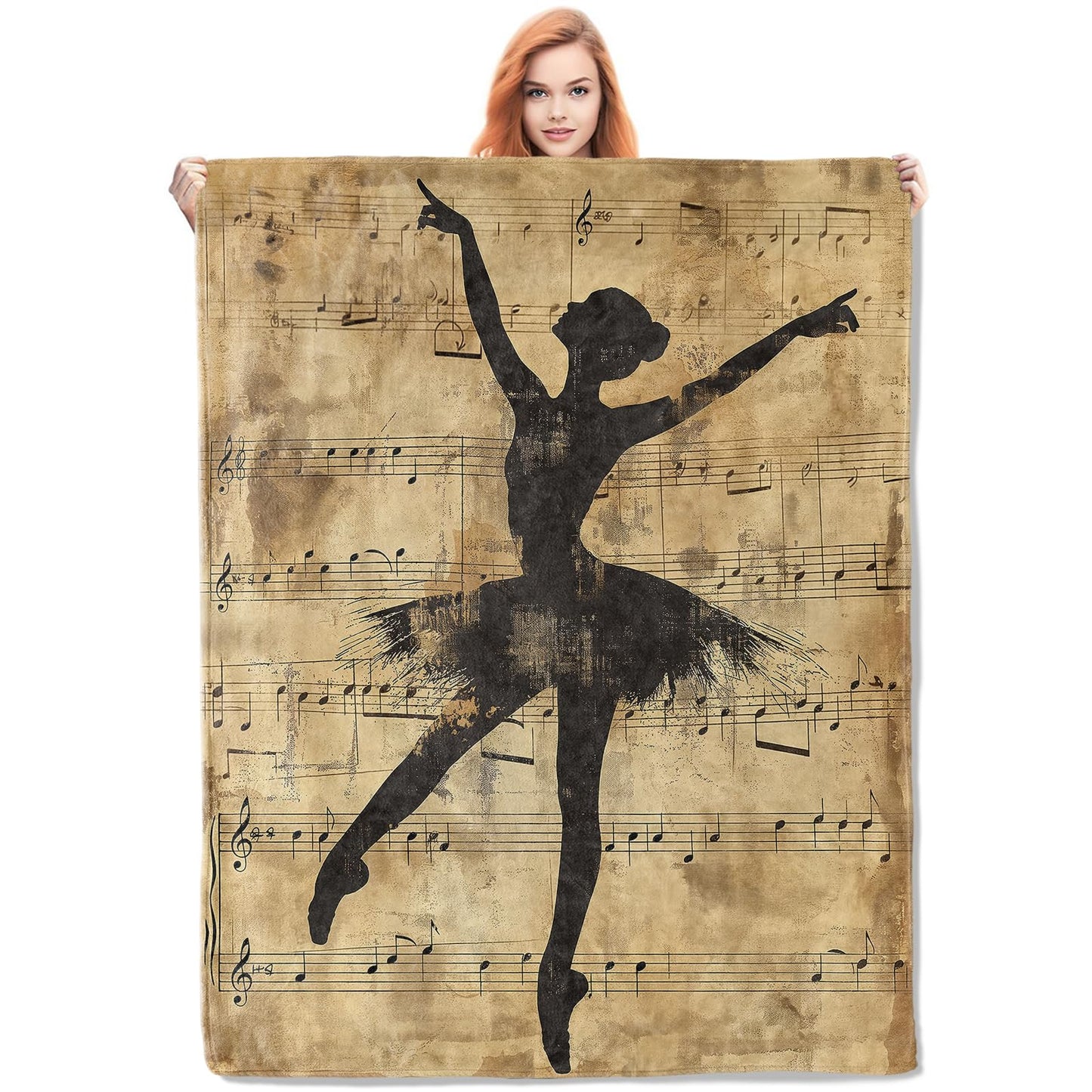 VANZEV Vintage Ballerina Throw Blanket Gifts, Soft Cozy Fleece Blanket with Ballet Dancer and Musical Notes Print, Blanket for Couch Bed Sofa, Perfect for Dancers and Music Lovers, 50x60 in