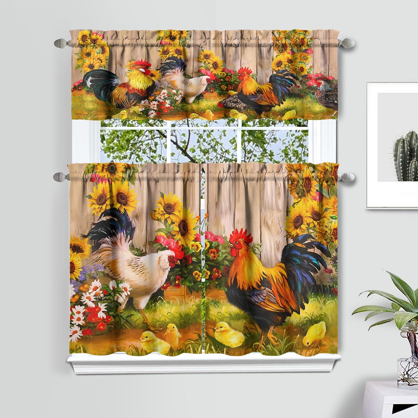aiwkjdns 3 Piece Chicken Kitchen Curtains and Valances Set for Windows Rooster Kitchen Window Curtains Over Sink Decor 27.5x36 in