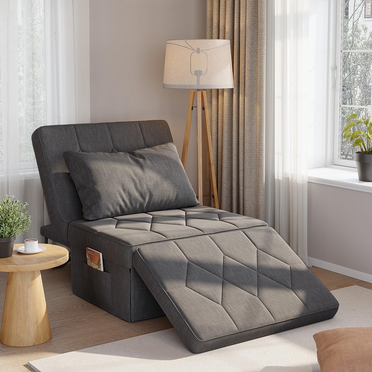 DSNAPE Ottoman Bed with 5-Level Adjustable Backrest, 70" D x 34" W 4-in-1 Convertible Sleeper Chair Bed, Folding Sofa Bed for Living Room, Apartment, Dorm & Small Space, Dark Grey