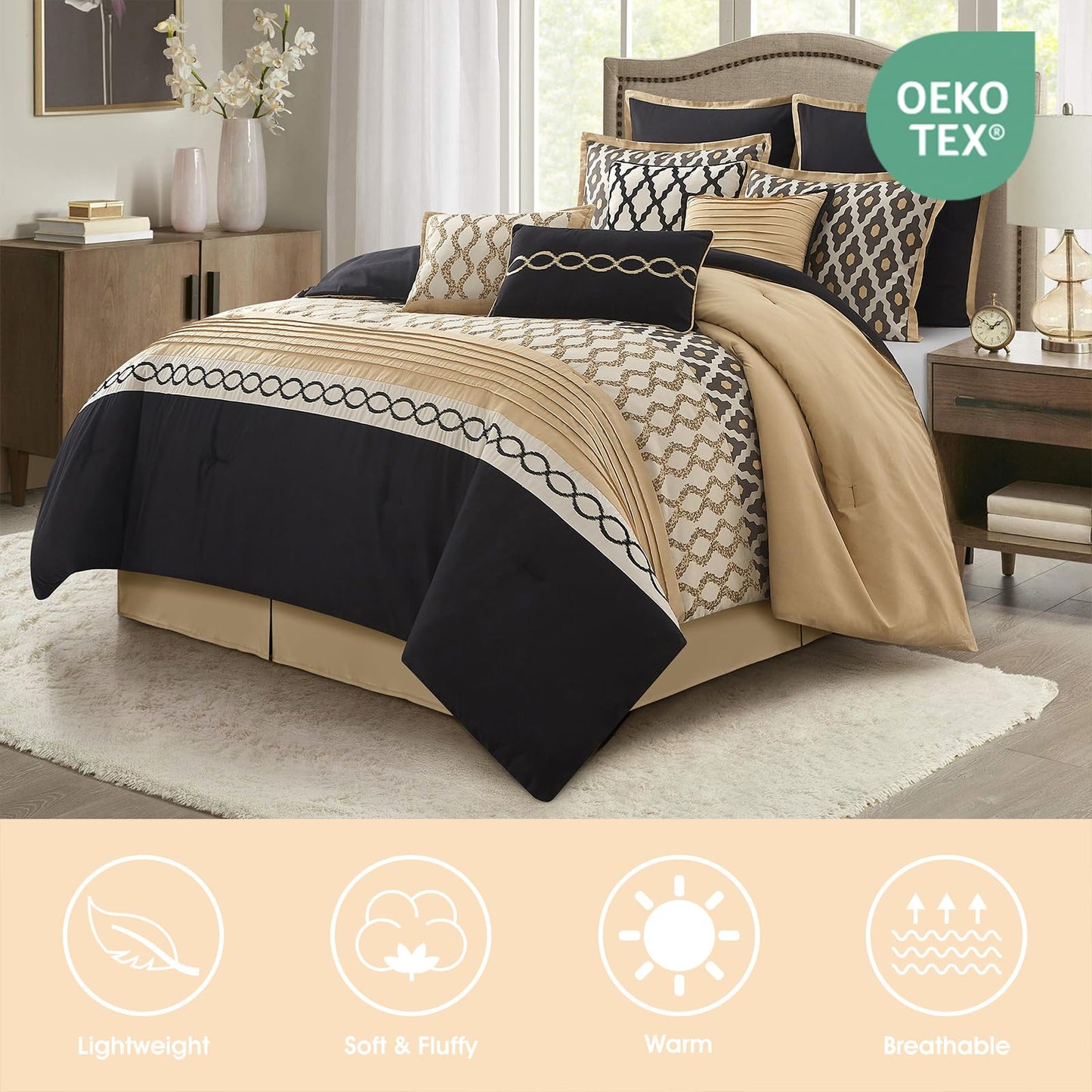 LANCO MODERN LIFESTYLE Queen Comforter Set, Black Gold, 10 Piece Bed in a Bag for All Seasons, Luxury Extreme Comfort Bedding Sets with Bedskirt, Pillow Shams, Euro Shams and Decor Pillows