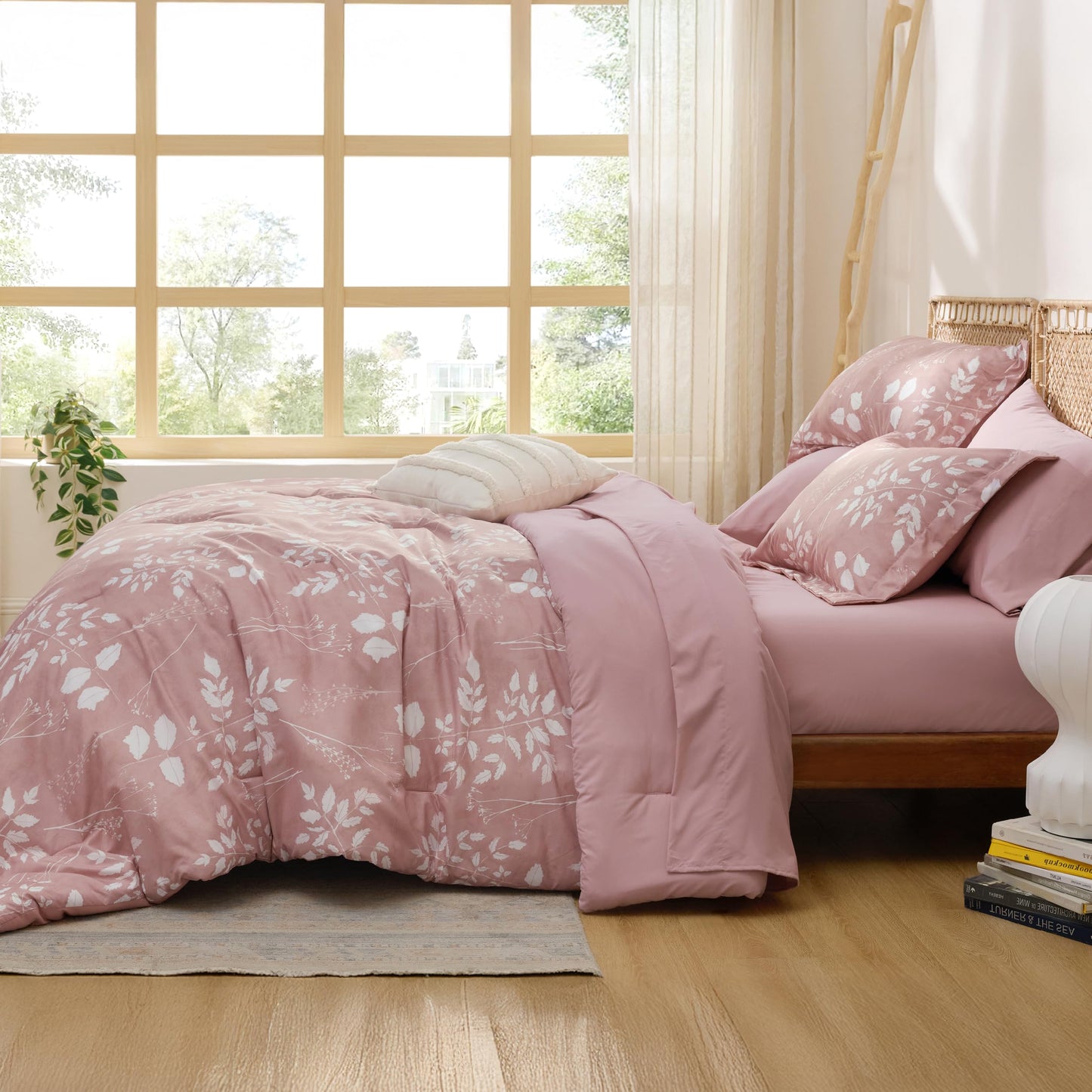 Bedsure Rose Pink Queen Comforter Set - 7 Pieces Floral Bedding Sets Queen Bed in a Bag with Reversible Botanical Flowers Comforter, Sheets, Pillowcases & Shams