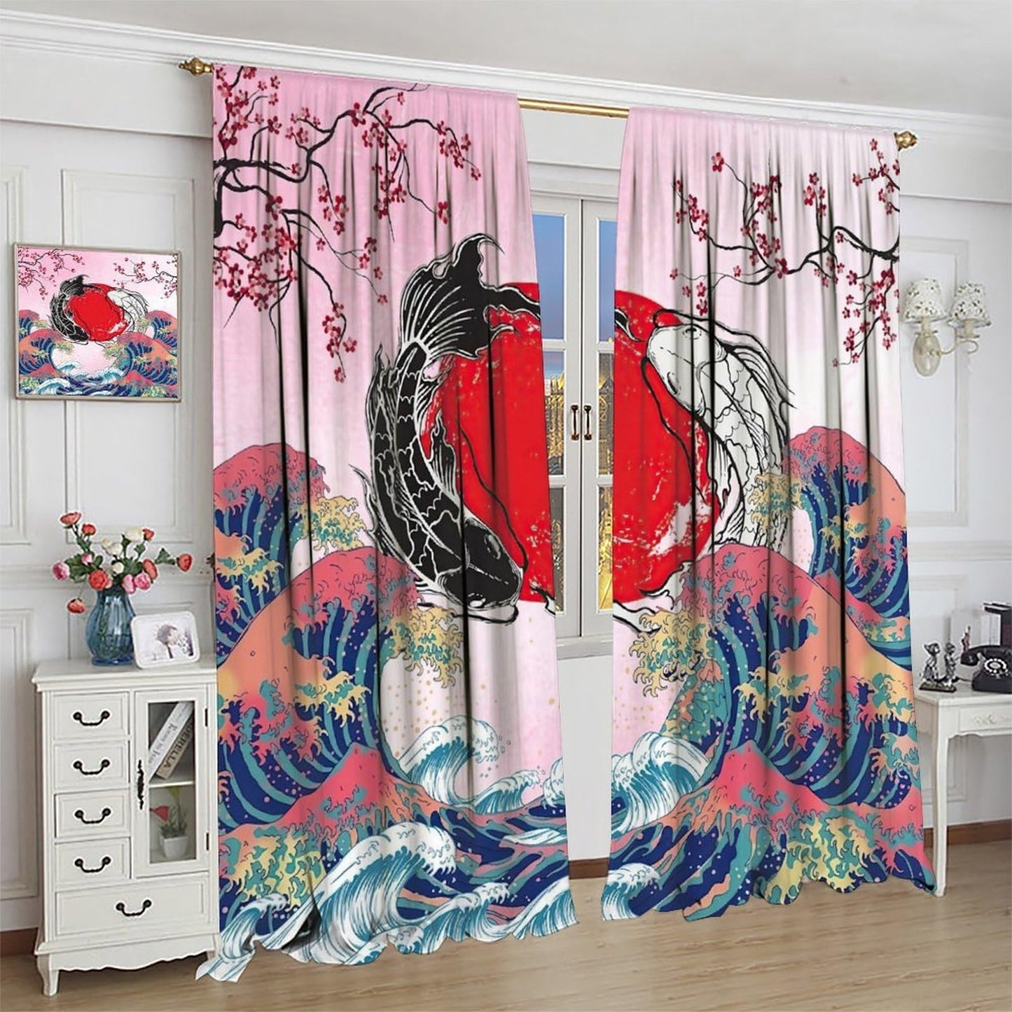 AuiMzoo Japanese-Style Blackout Curtains for The Bedroom; Living Room Window Treatments Featuring A Koi Fish and Wave Pattern42X45 Inch