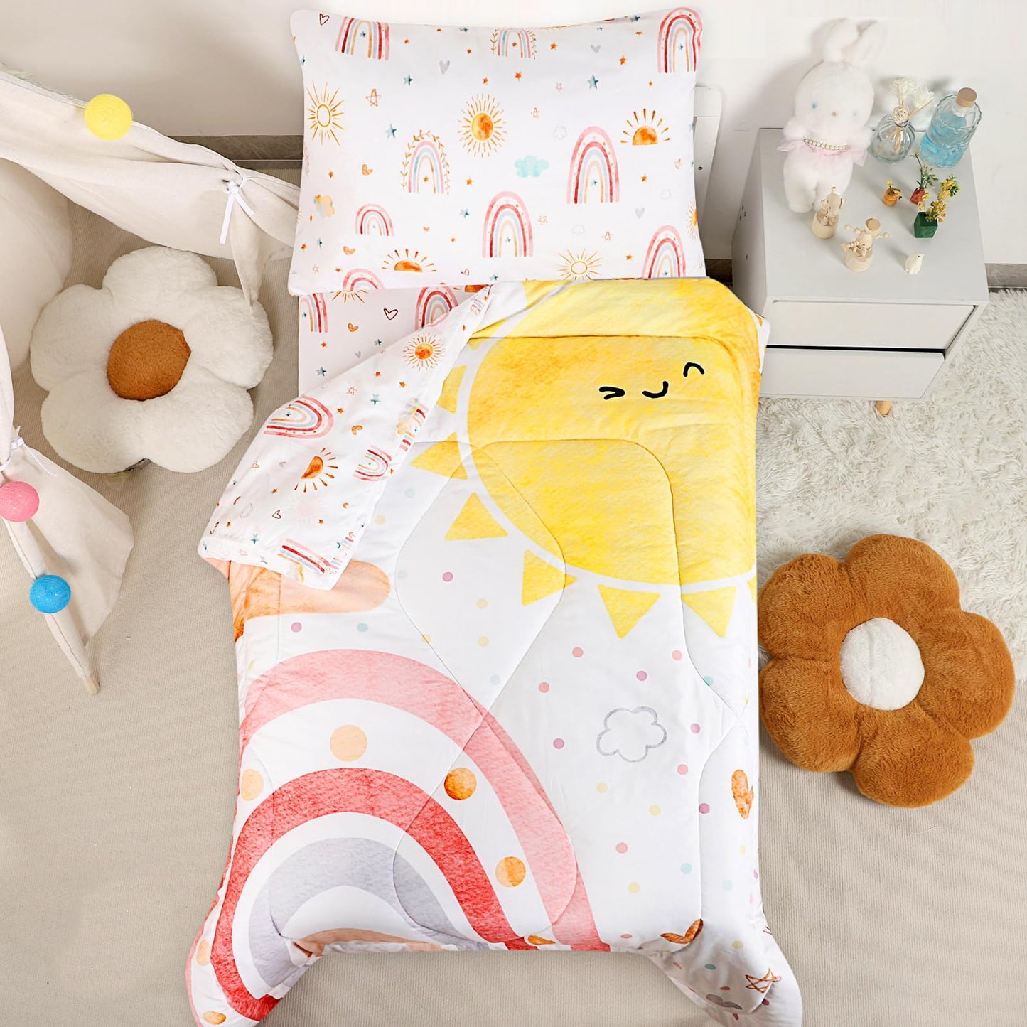 CARUILI Toddler Bedding Set for Girls 4 Piece Pink Rainbow Toddler Girl Bedding Set Super Soft & Lightweight Toddler Comforter Set Includes Comforter, Flat Sheet, Fitted Sheet, Pillowcase