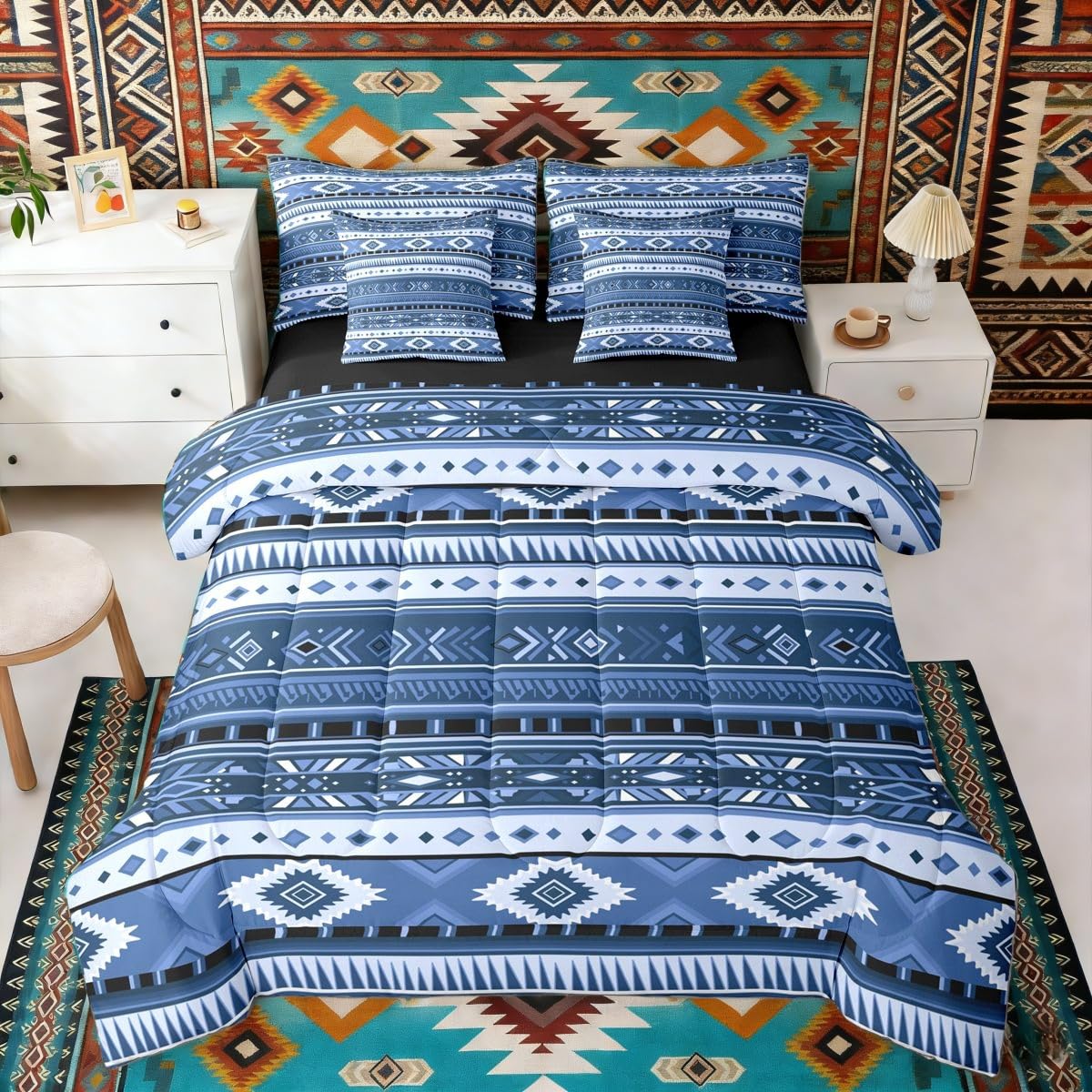 Erosebridal White Dark Blue Aztec Farmhouse Full Comforter Set 7 Pieces | Cowboy Cowgirl Bohemian Bed in A Bag for Bedroom Southwestern Adults Bedding Set with Comforters Geometric Tribal Room Decor