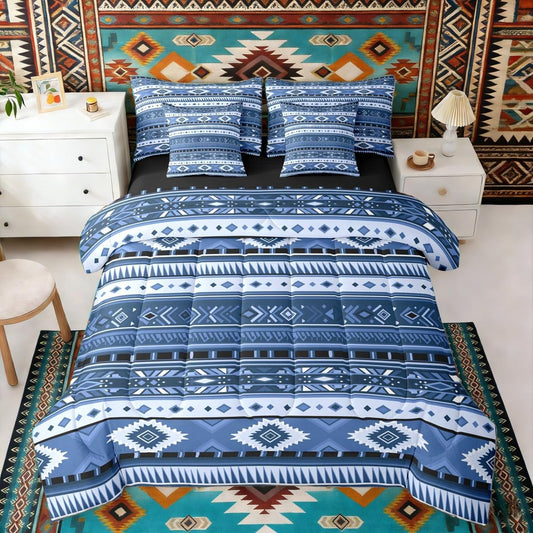 Erosebridal White Dark Blue Aztec Farmhouse Full Comforter Set 7 Pieces | Cowboy Cowgirl Bohemian Bed in A Bag for Bedroom Southwestern Adults Bedding Set with Comforters Geometric Tribal Room Decor