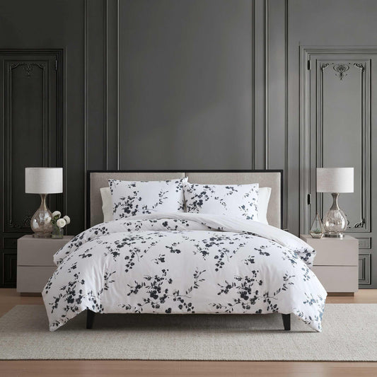 Vera Wang - Queen Size Duvet Cover Set, 100% Soft & Smooth Cotton Sateen Floral Bedding, 3-Piece Reversible Bed Set with Matching Pillowcases (Noir Bouquet/Ikat Line Grey)