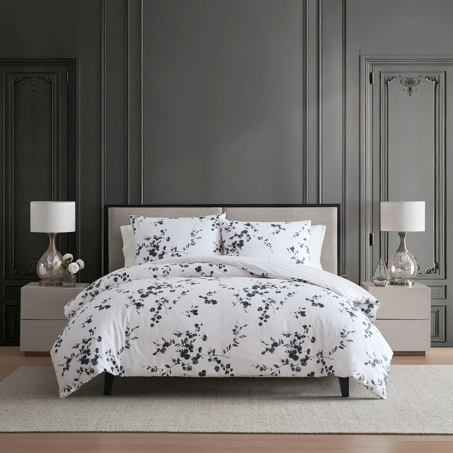 Vera Wang - Queen Comforter Set, Reversible Floral Bedding with a Naturally Soft Feel, 3 Piece Bed Set with Matching Pillowcases (Noir Bouquet/Ikat Line Grey)