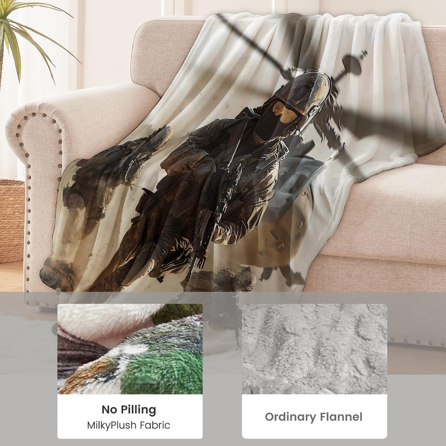 cromcu Patriotic Soldier Flannel Throw Blanket 60x50 Inch, Army with Rifles and Helicopter in Desert Storm, Realistic War Scene Blankets for Living Room, Bedroom, Sofa, Men Gifts Throws