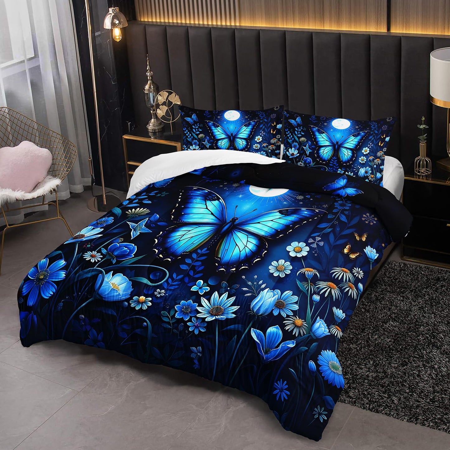 XYNHML Blue Butterfly Themed Comforter 3Pcs Twin Romantic Flower Butterflies Bedding Set for Kid Teen Girl Boy Adult Aesthetics Moonlight Floral Quilt Bed Decor with 1 Comforter and 2 Pillowcases