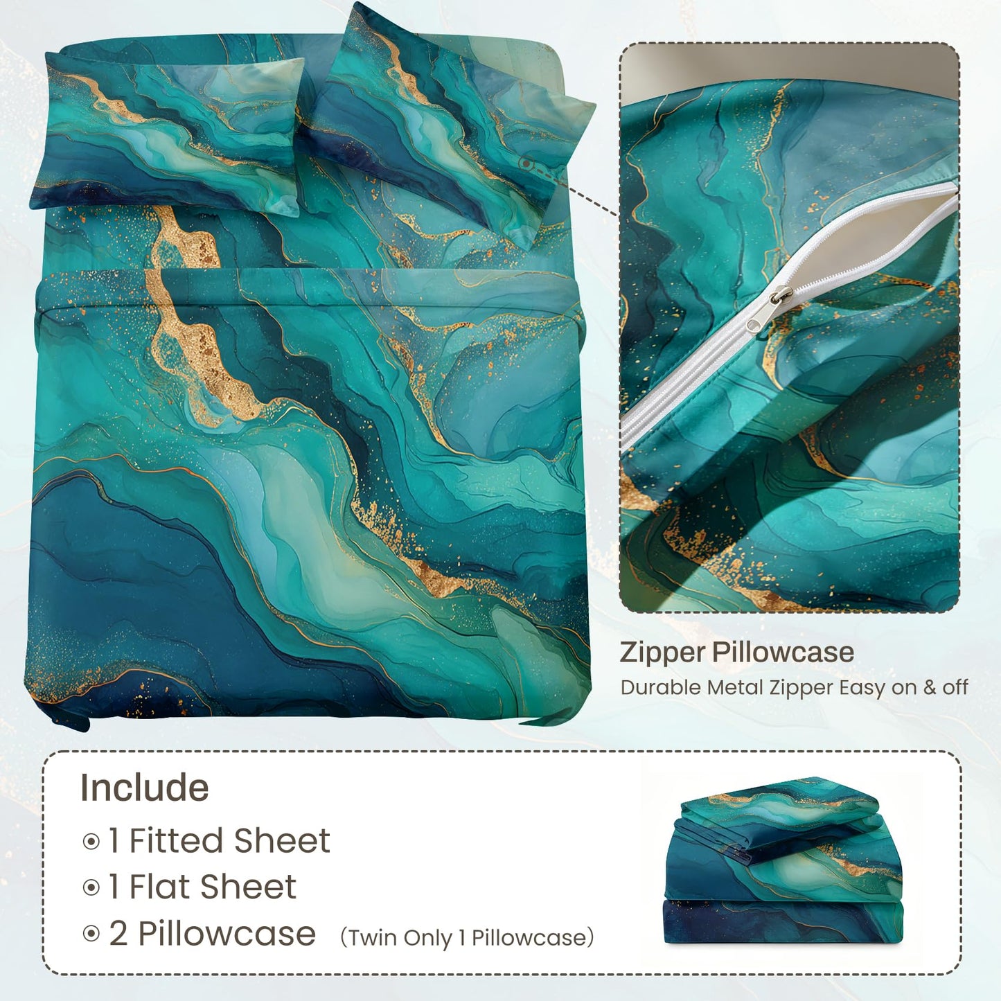 Green Marble Full Bedding Set Modern Abstract Sheet Sets, Gold Green