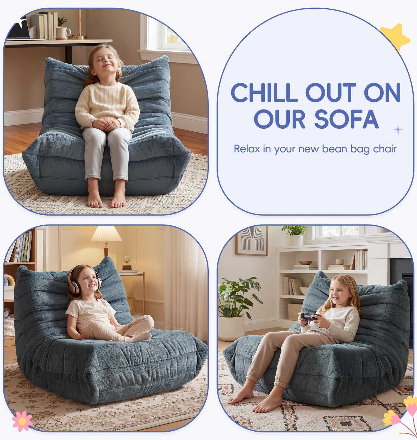 Hobestluk Bean Bag Chair for Kids Toddler Bean Bag Chair with Memory Foam Filler Beanbag with Spacious Design Bean Bag Couch for Reading Gaming Relaxing (Blue Grey, Small)