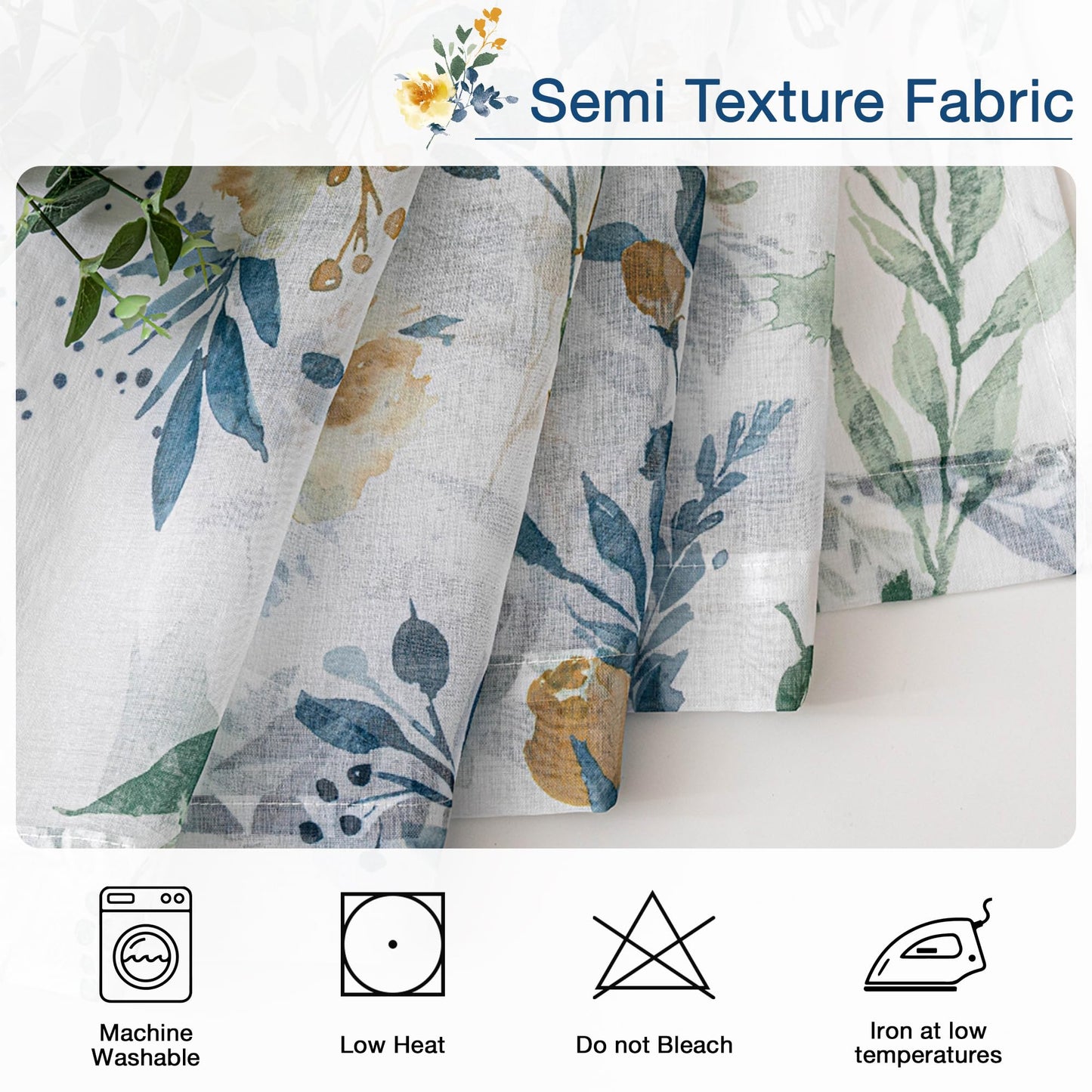 MYSKY HOME Sheer Floral Curtains 84 inches Long 2 Panels Set for Living Room Leaf Printed Summer Curtains for Bedroom Rod Pocket Window Drapes, Yellow and Blue, 52 x 84 inch