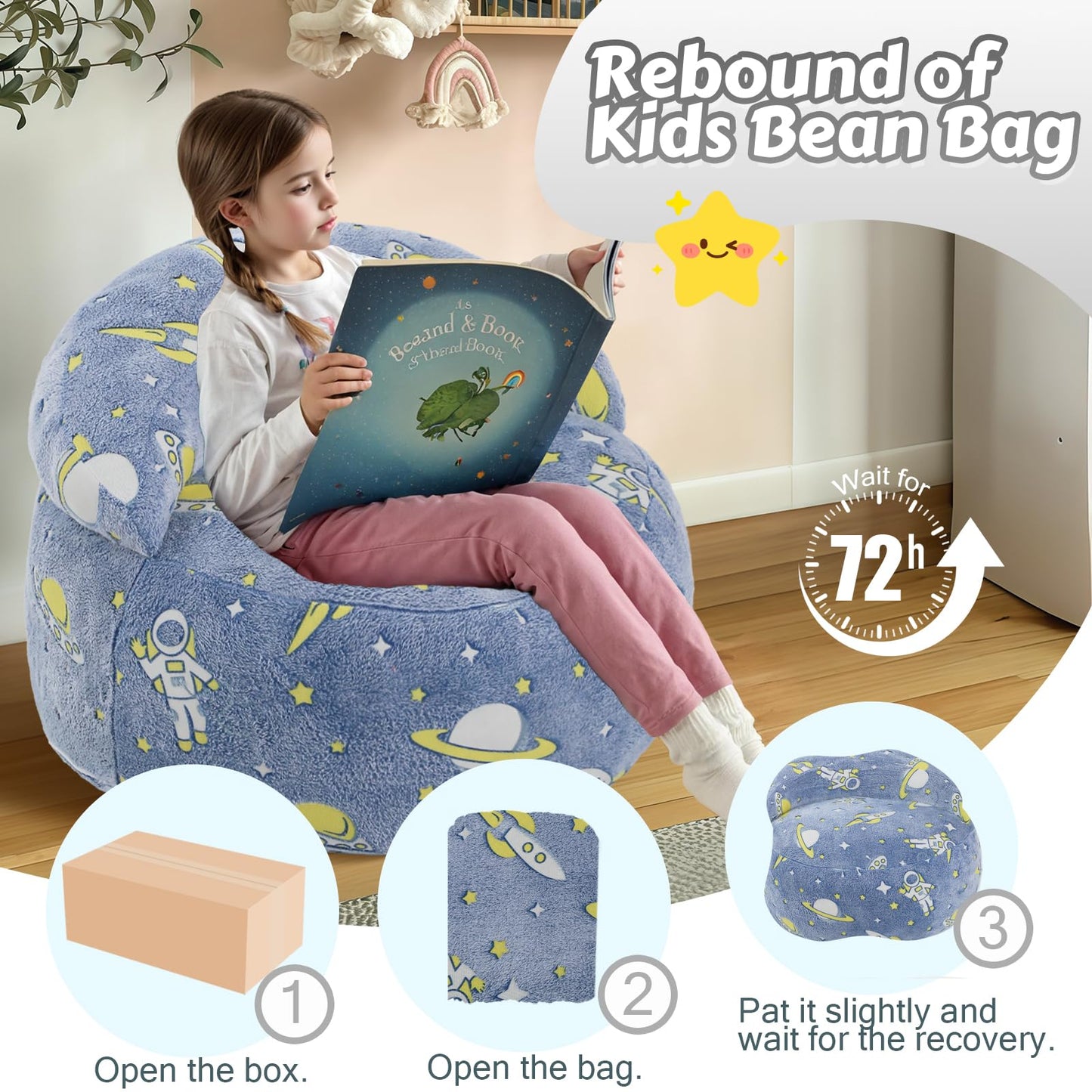 COMAX Bean Bag Chair for Kids, Dinosaur Convertible Toddler Beanbag Bed, Children Bean Chair Stuffed to Floor Mattress with Filler, Blue Universe