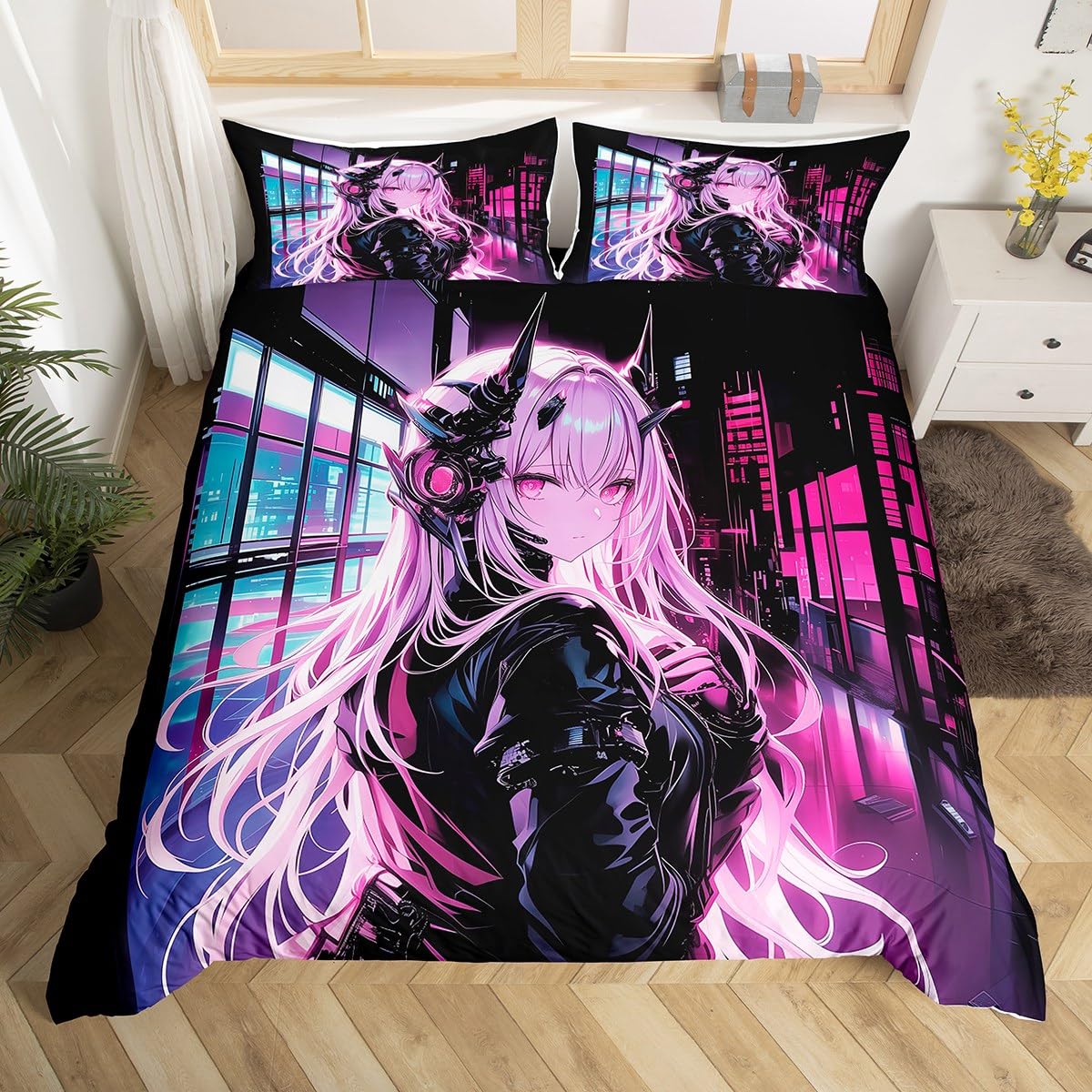 Erosebridal Japanese Anime Bedding Set Full Size, Anime Girl Comforter Cover Kawaii Japanese Style Comforter Cover Cartoon Japan Animation Bed Set for Boys Teens Adult Women Bedroom Decor