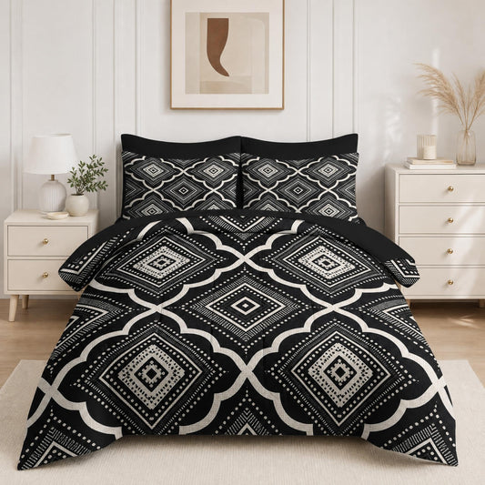 Boewywh Comforter Set Twin Size Geometric Moroccan Boho 7 Pcs, Bedding for Kids and Adults, Aztec Black Bed Sheet Sets with Fitted Sheet 2 Pillowcases & 2 Shams for Bedroom Bed Decor