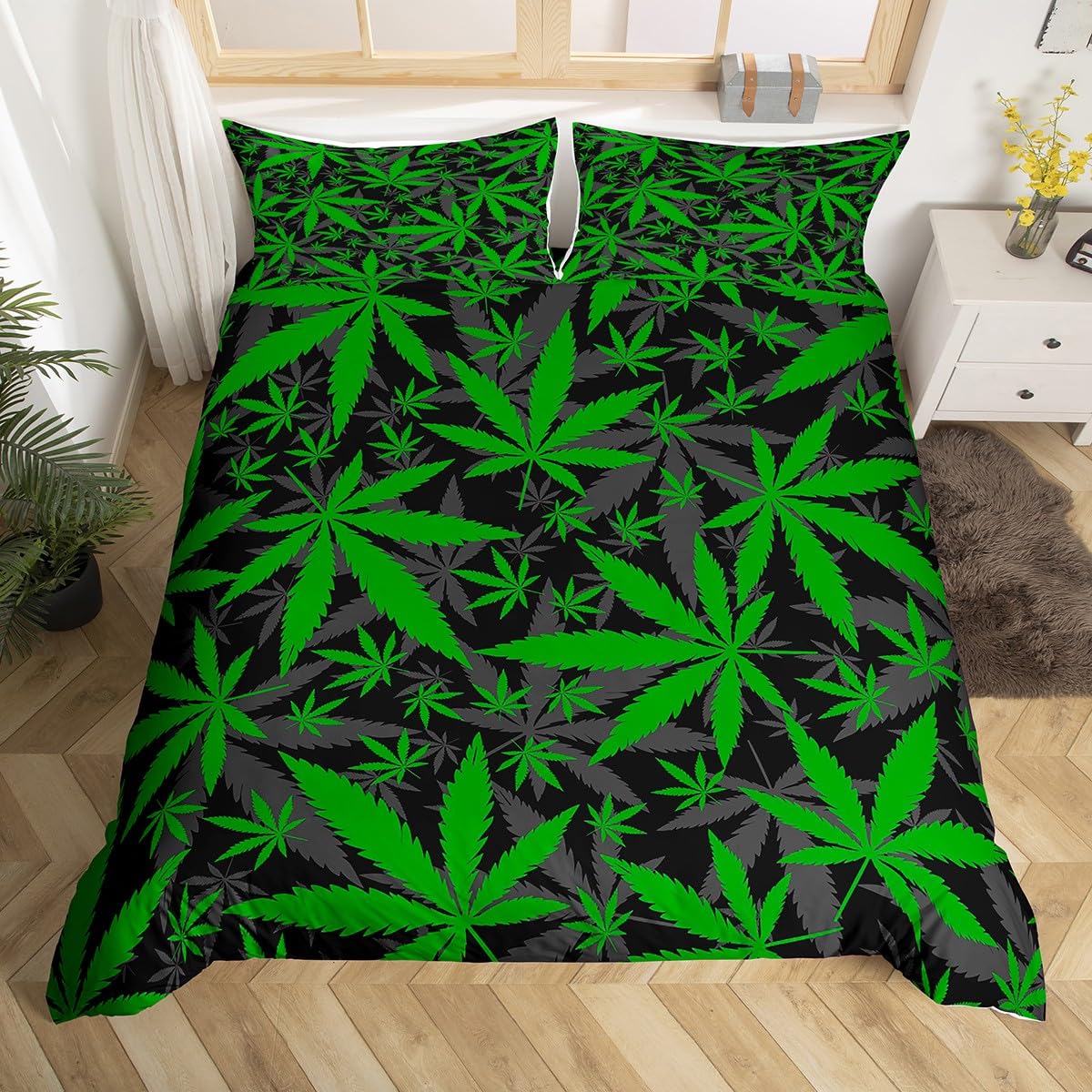 Marijuana Leaf Duvet Cover Teens Cannabis Print Comforter Covers Green Gray Botanical Branches Bedding Set for Boys Girls Youth Adults Queen with 2 Pillow Shams Marijuana Weed Leaves Bedspread Cover