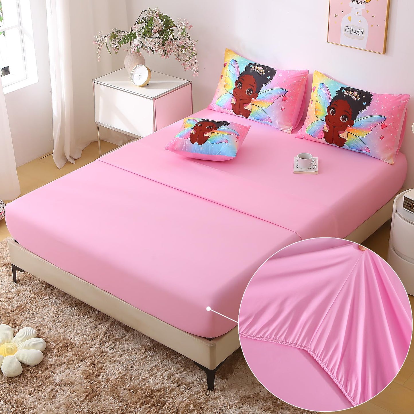 JQinHome Twin Comforter Set - 6 Pieces African Fairy Princess Bedding Set for Girls, Bed in a Bag with Rainbow Wing Comforter, Sheets, Pillowcases & Decorative Cushion Cover