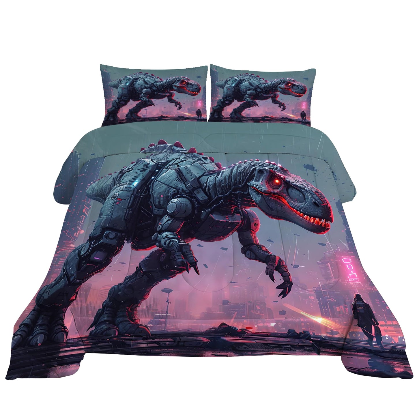 VTKON Kids Dinosaur Comforter Set Queen Size Dino Bedding Set for Kids Teens 3D Printed Neon Dino Comforter Sets 3 Pcs Soft Microfiber Boys Bedroom Decor