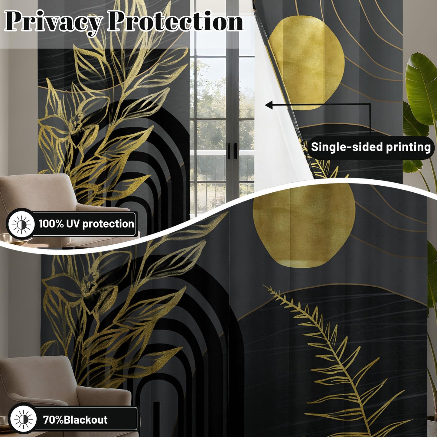 soeeao Black and Gold Blackout Curtains, Masculine Gold and Black Mid Century Modern Window Drapes for Mens Bedroom Living Room, 84 inch Length 2 Panels Set, 52x84 inch