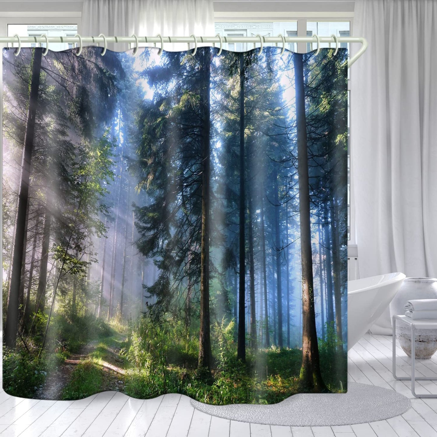 LYFANS Bathroom is Equipped with Mist Sunshine Forest 3D Shower Curtains, Deluxe Bathtub Standard Waterproof Shower Curtains, 12 White Hooks,59x71 Inch Washable Fabric Shower Curtain.