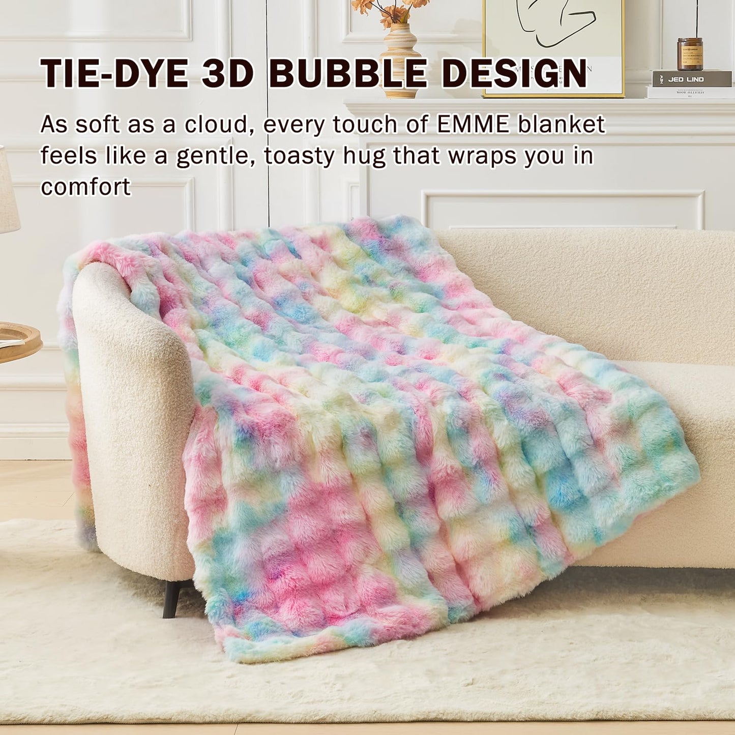 EMME Faux Fur Blanket King Size Rainbow - Big Bubble Rabbit Cozy Blanket for Couch, Thick Furry Plush Shaggy Blankets, 650GSM, 108x90 Inches