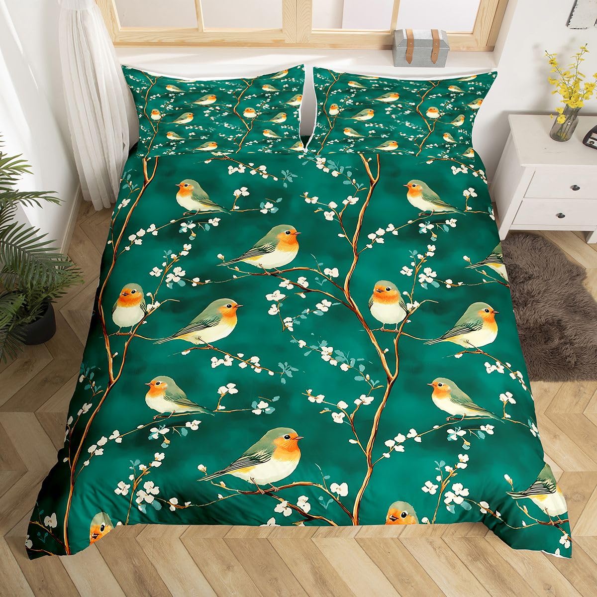 Erosebridal Bird Duvet Cover Twin Branches Comforter Cover for Kids Teens Leaves Floral Bedding Set Wildlife Animals Botanical Bed Set
