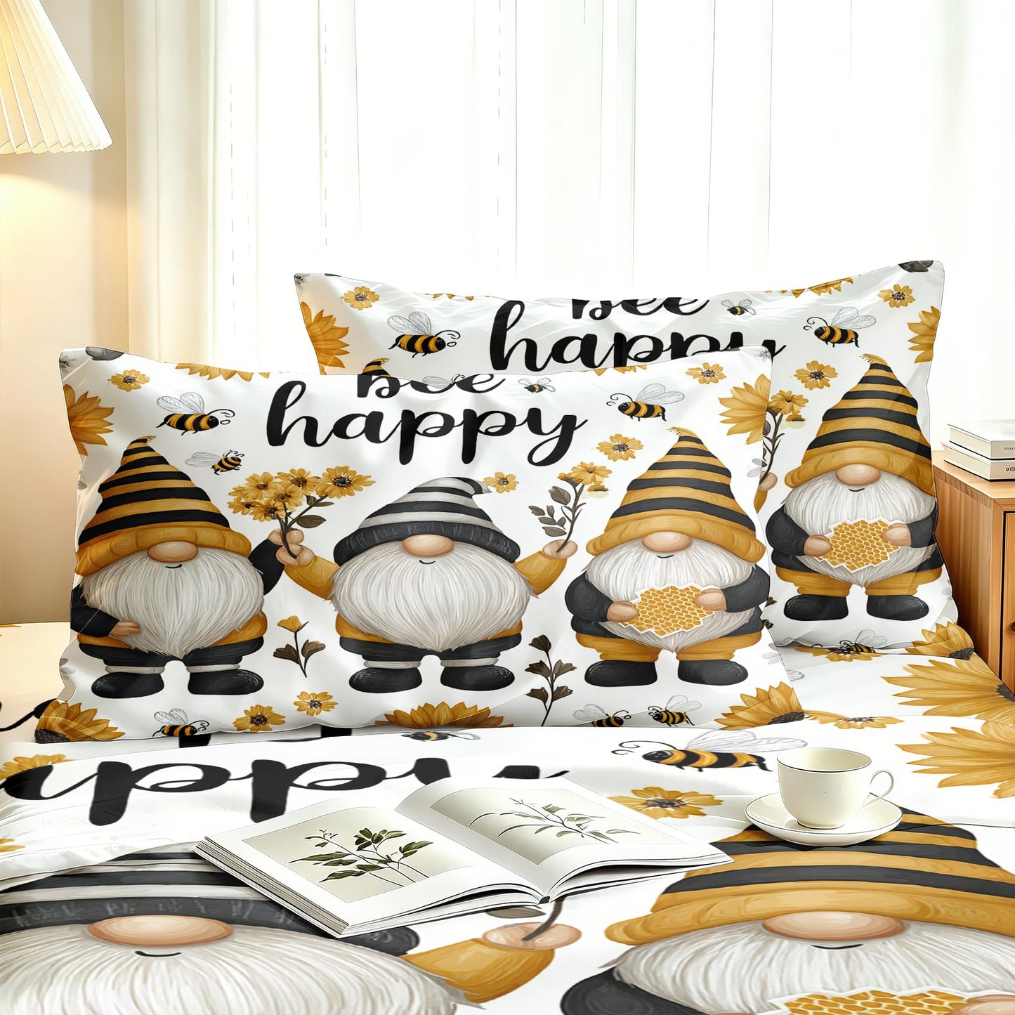 Gnome Bee Sheet Set, 3 Pcs Twin Size Kids Happy Bed Sheets, Yellow