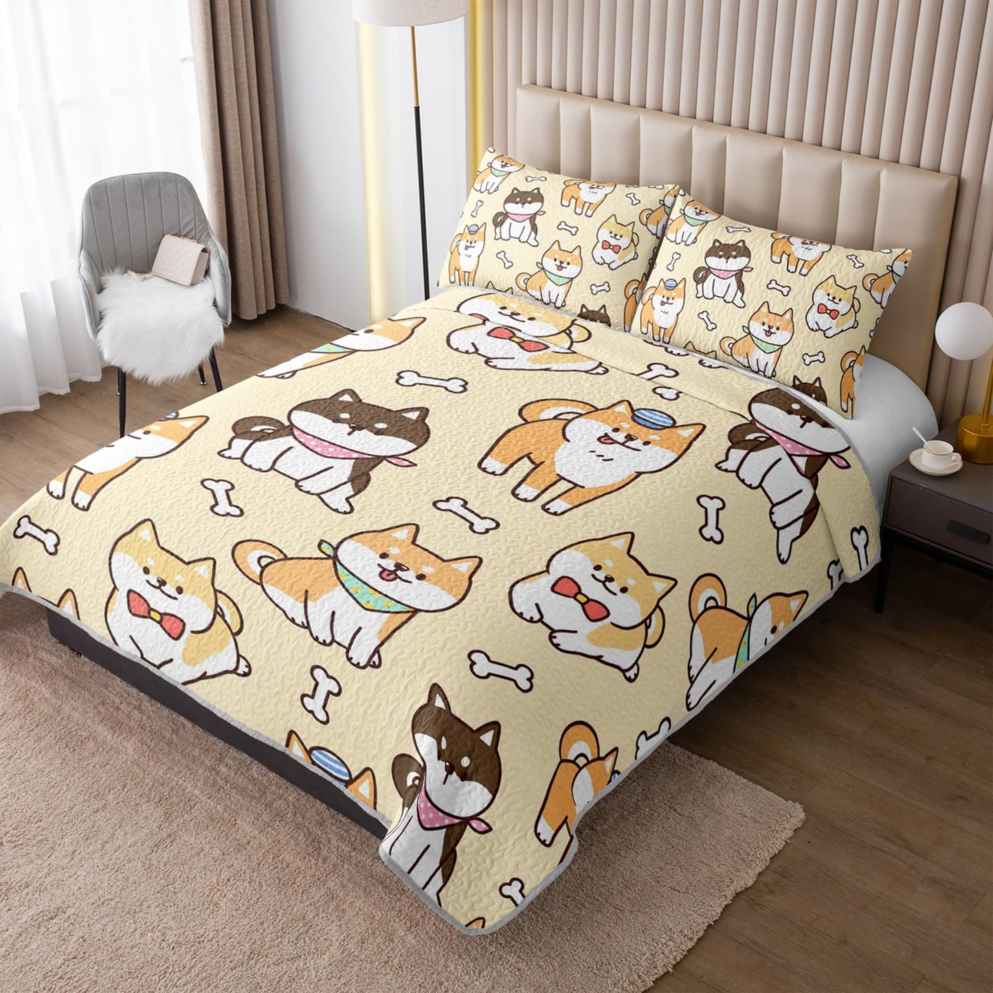 XYNHML Kawaii Corgi Dog Animal Quilts Bedding Twin 3Pcs Cartoon Yellow Black Pet Puppy Dogs Quilt Bed Set Lightweight Soft Bedspreads Coverlet with 2 Pillowcases for Kid Boy Girl Teen Adult Bed Decor
