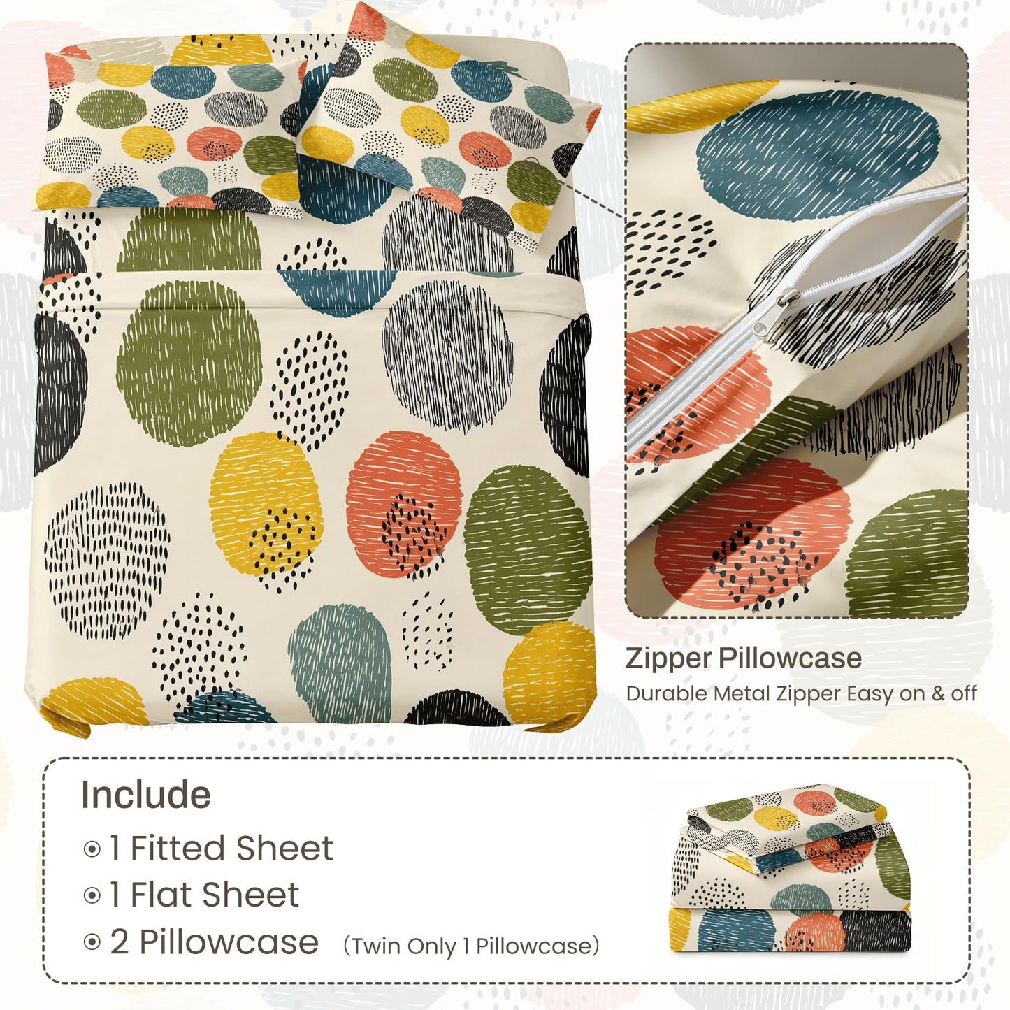 Polka Dot Queen Sheet Set 4 Pcs Colorful Bed Sheets, Green White