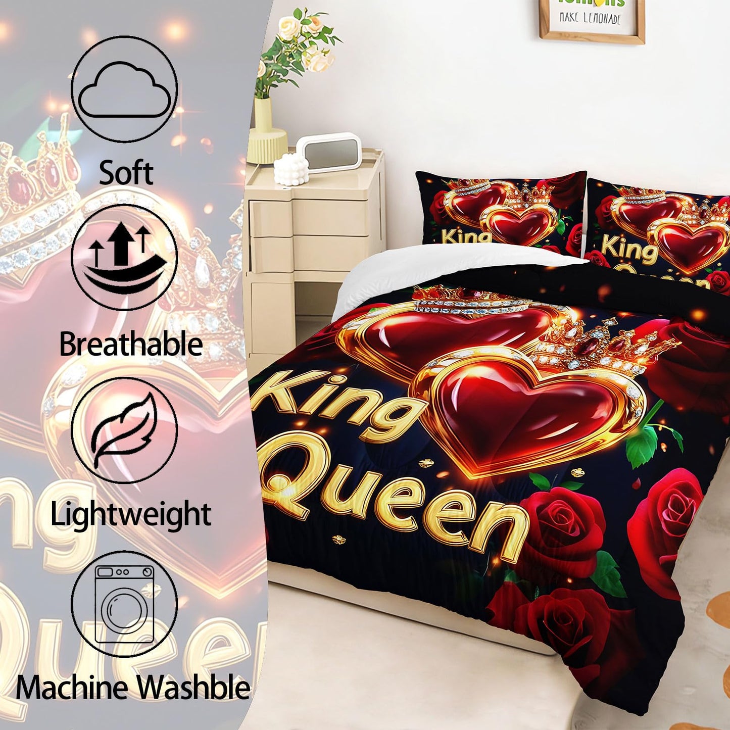 AILONEN K & Q Hearts Print Comforter Set Queen Size,Red and Black Rose Bedding with 2 Pillowcases,Valentine Romantic 3Pcs