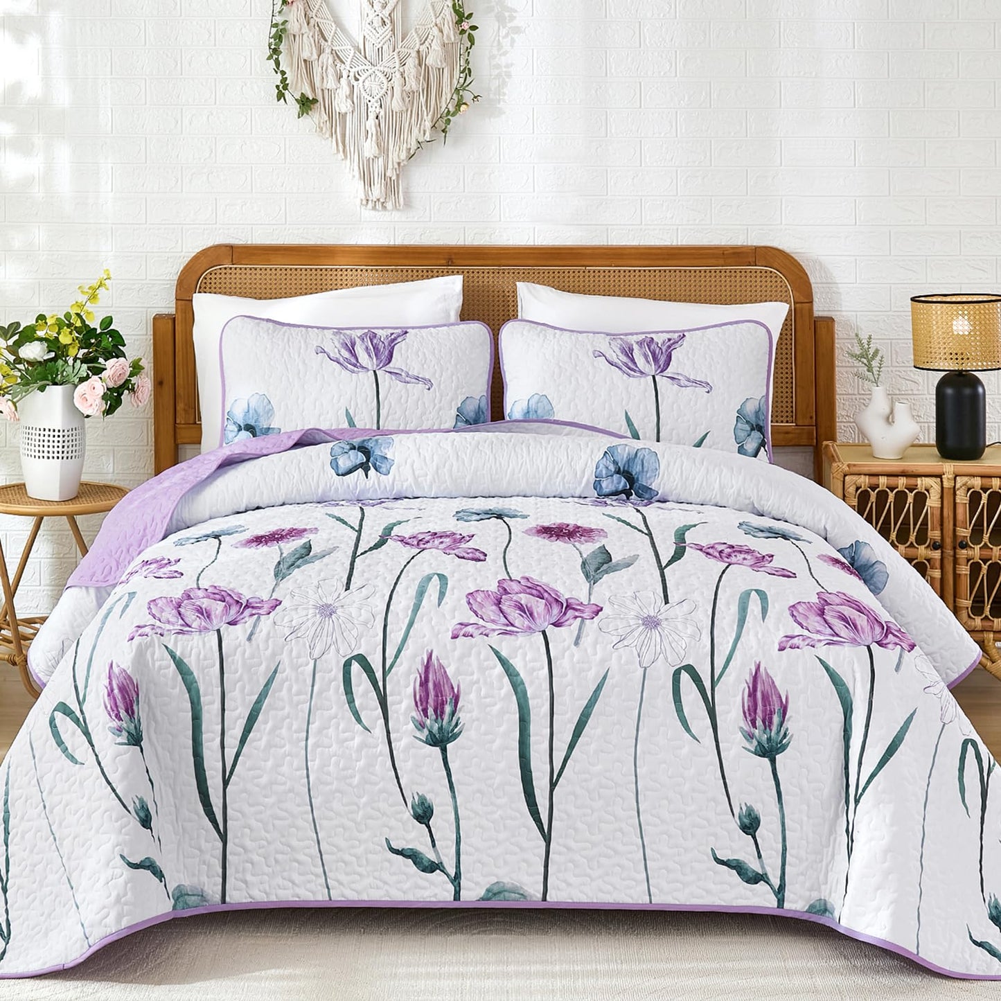 WONGS BEDDING Purple Queen Quilt Set, 3 Pieces Light Purple Floral Bedspread Coverlet Set, Lightweight Spring Farmhouse Cute Botanical Quilts Bedding Set (96"x90")