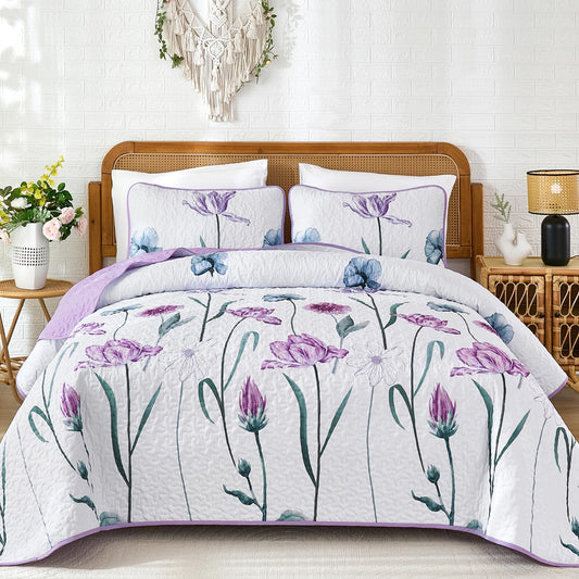 WONGS BEDDING Purple Queen Quilt Set, 3 Pieces Light Purple Floral Bedspread Coverlet Set, Lightweight Spring Farmhouse Cute Botanical Quilts Bedding Set (96"x90")