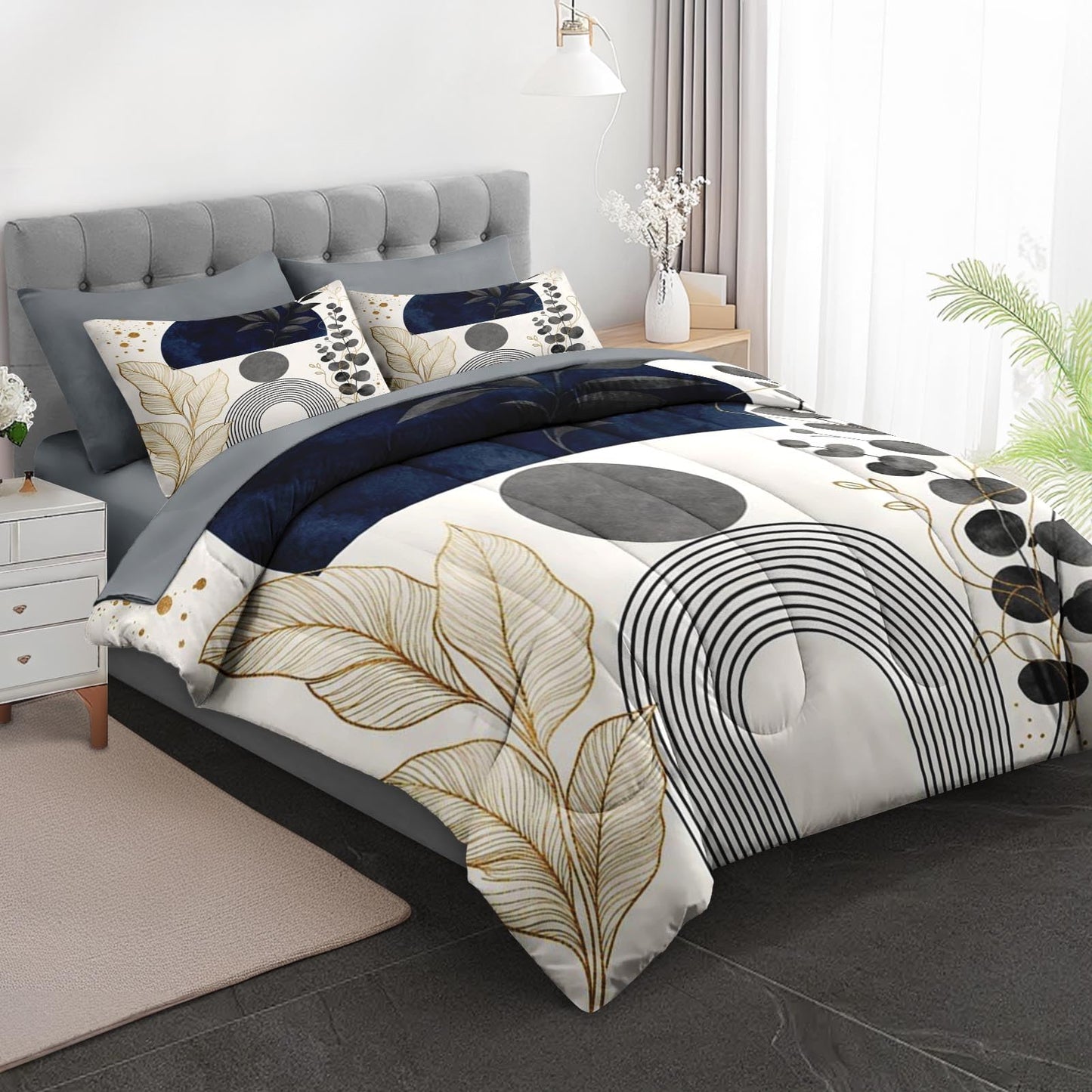 Boewywh Comforter Set Twin Size Abstract Boho Botanical 7 Pcs, Bedding for Kids and Adults, Gold Navy Bed Sheet Sets with Fitted Sheet 2 Pillowcases & 2 Shams for Bedroom Bed Decor
