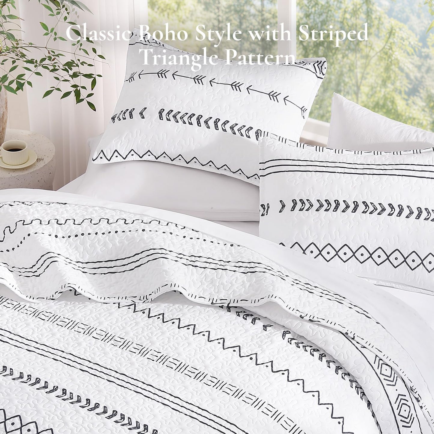 Andency White California King Quilt Set, 3 Pieces Boho Lightweight Soft Striped Cal King Bedspread for All Season (112"x104"), Printed Bohemian Polyester Reversible Coverlet Comforter Sets