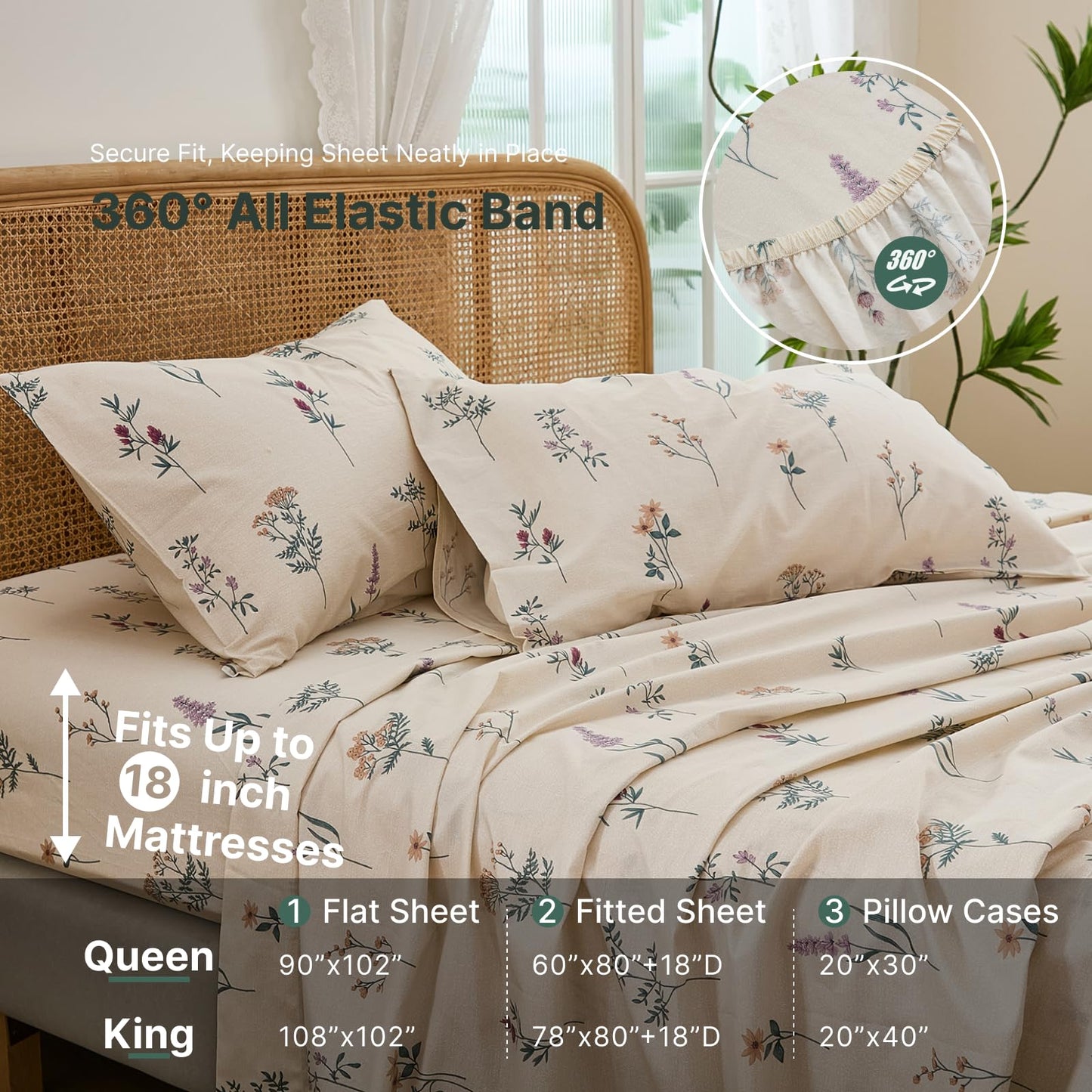 Cozaline Cream Floral Sheets Set Queen Size 100% Cotton, 4 Pieces, Soft & Breathable Percale Weave Bedding, Deep Pocket 17.5", Crisp Cool Feeling, Durable, Perfect Cute Floral Bed Sheet
