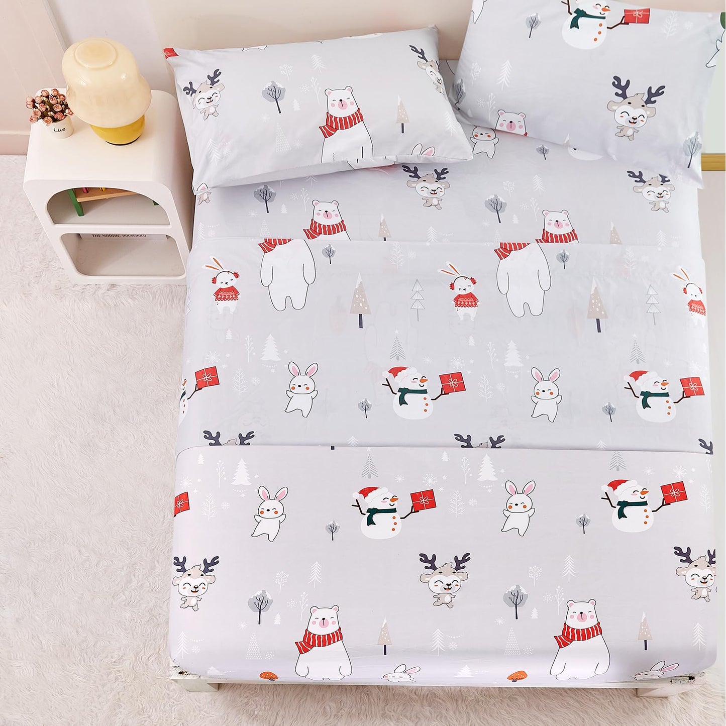 Yibeizi Kids Bear Snowmen Reindeer Bunny Printed Sheet Set Twin Size for Boys Girls, Cute Christmas Winter Microfiber Bedsheets Deep Pocket Bed Sheet & Pillowcase Sets 3 Pieces