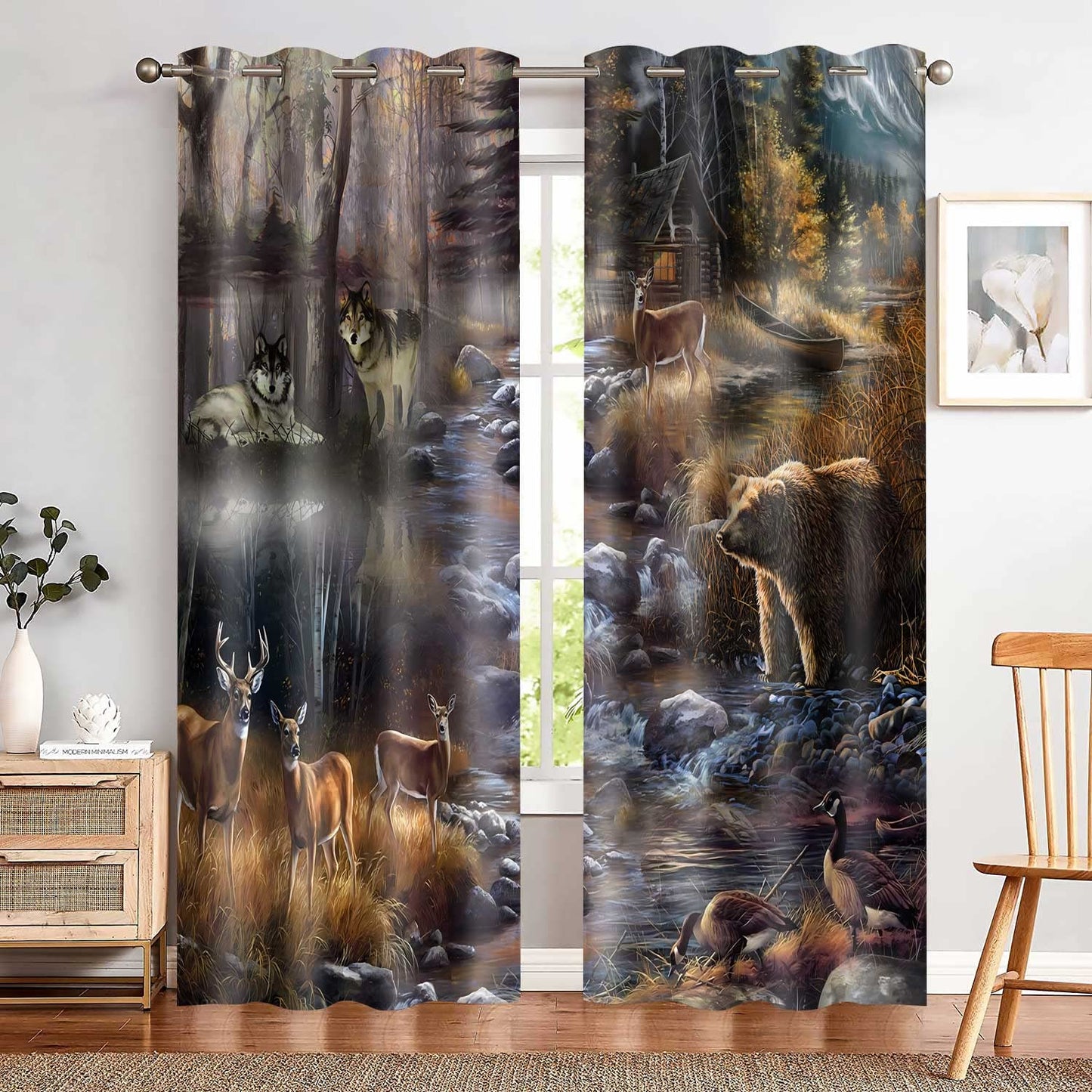 MIZSYE Rustic Lodge Curtains Wildlife Wolf Bear Elk Duck Country Style Blackout Curtain Forest River Nature Landscape Zoo Window Treatments for Bedroom Living Room 2 Panel 42x84inch CLDWMS0235