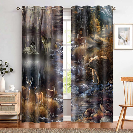 MIZSYE Rustic Lodge Curtains Wildlife Wolf Bear Elk Duck Country Style Blackout Curtain Forest River Nature Landscape Zoo Window Treatments for Bedroom Living Room 2 Panel 42x84inch CLDWMS0235