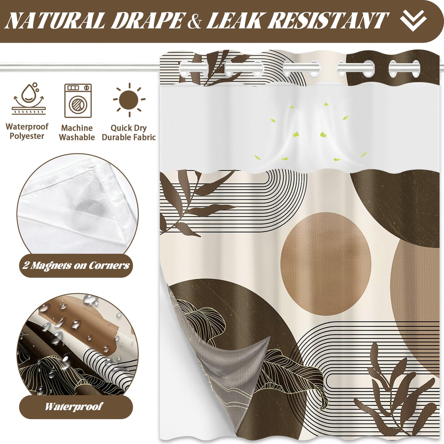 Hookless Shower Curtain with Snap-in Liner, Brown and Beige, 71" W x 74" L
