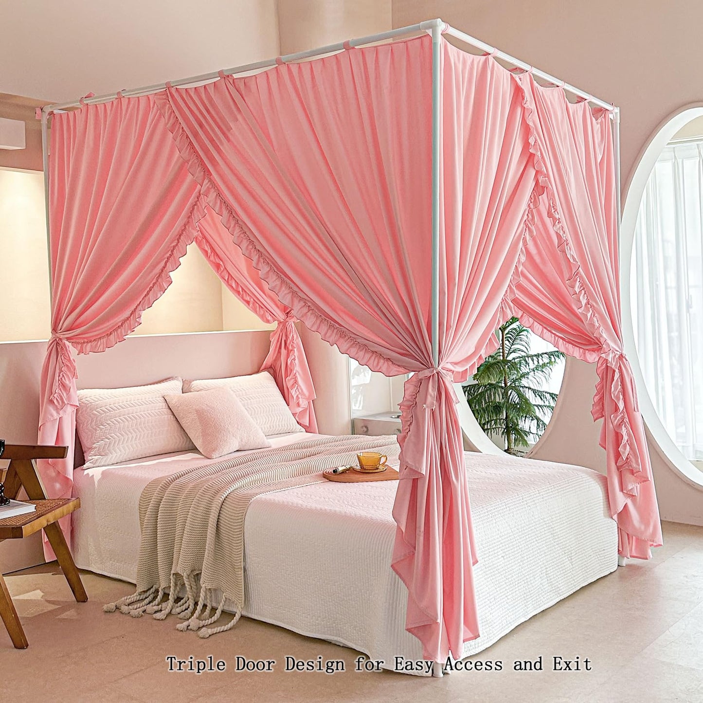 AIKASY Princess Canopy Bed Curtains with Top Ties - Windproof & Lightproof for Girls' Adult Bedroom Decor | Bed Canopy Drapes (Full,Pink)