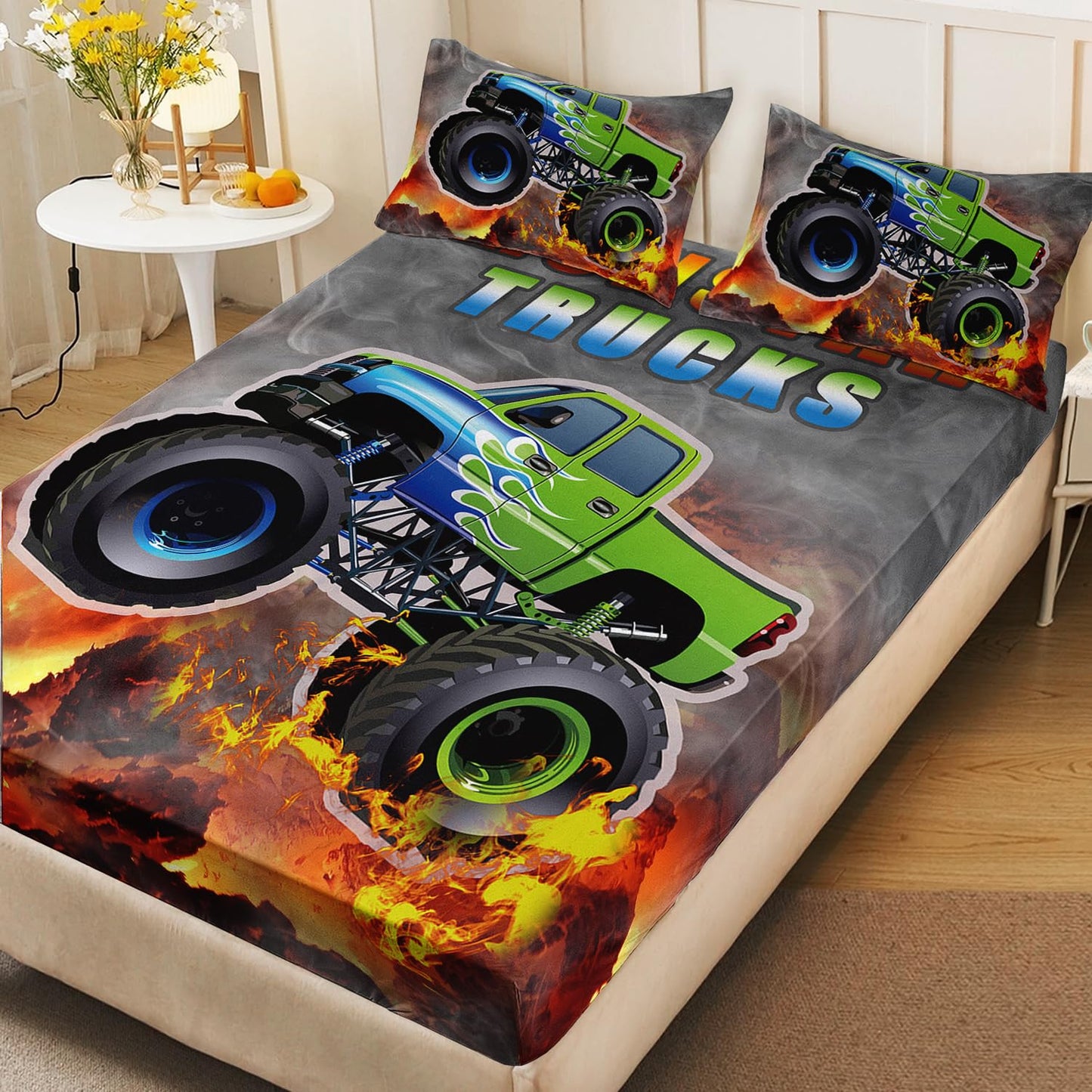 AILONEN Cartoon Green Monster Trucks Fitted Sheet Set Twin Size for Kids Boys, Extreme Sports Bedding, 3 Pieces: 1 Fitted Sheet and 2 Pillowcases