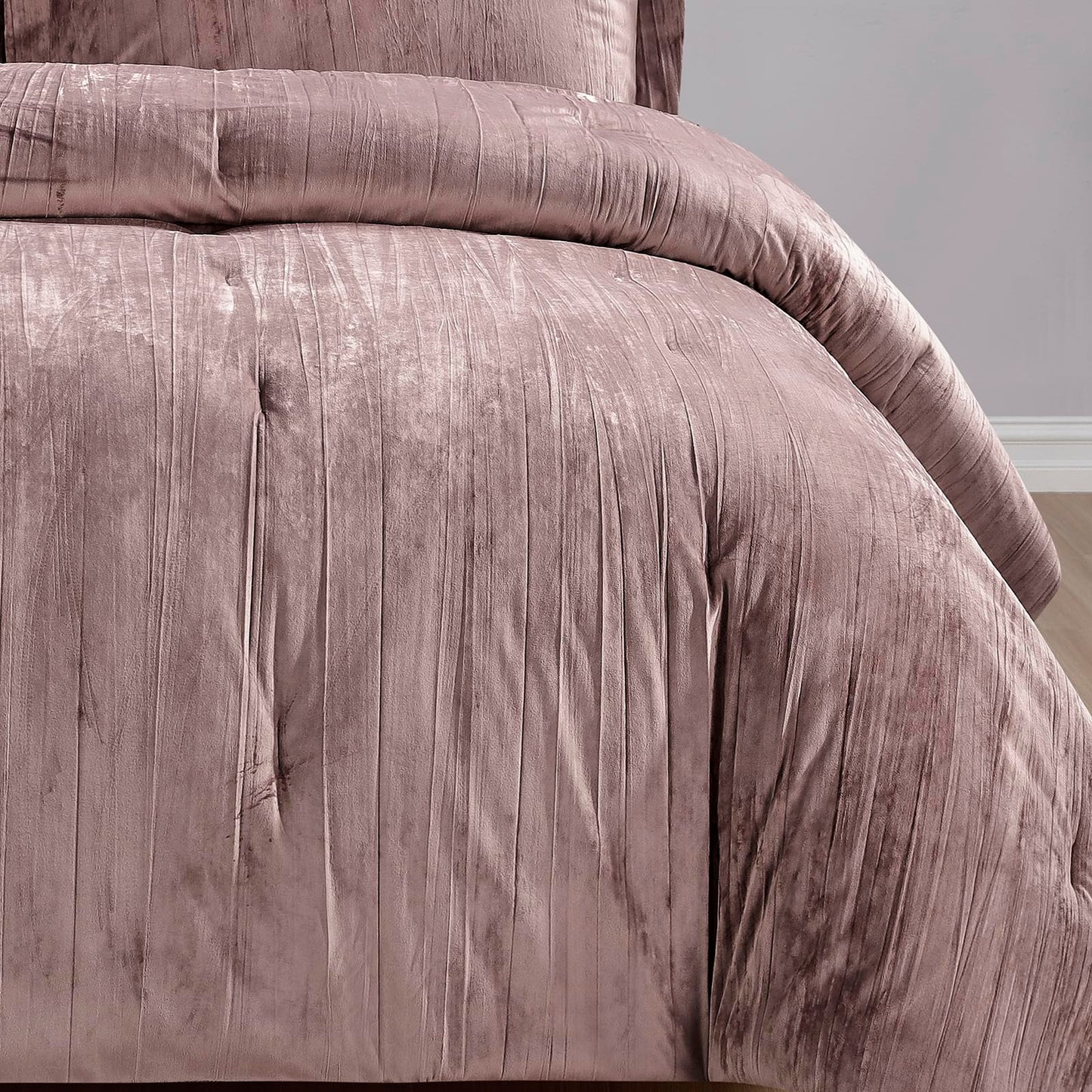 Fredsure Crinkle Velvet Comforter Set, 3 Pieces Dusty Mauve King, Crinkle Velvet Face and Brushed Microfiber Reverse, with Light Poly Fill