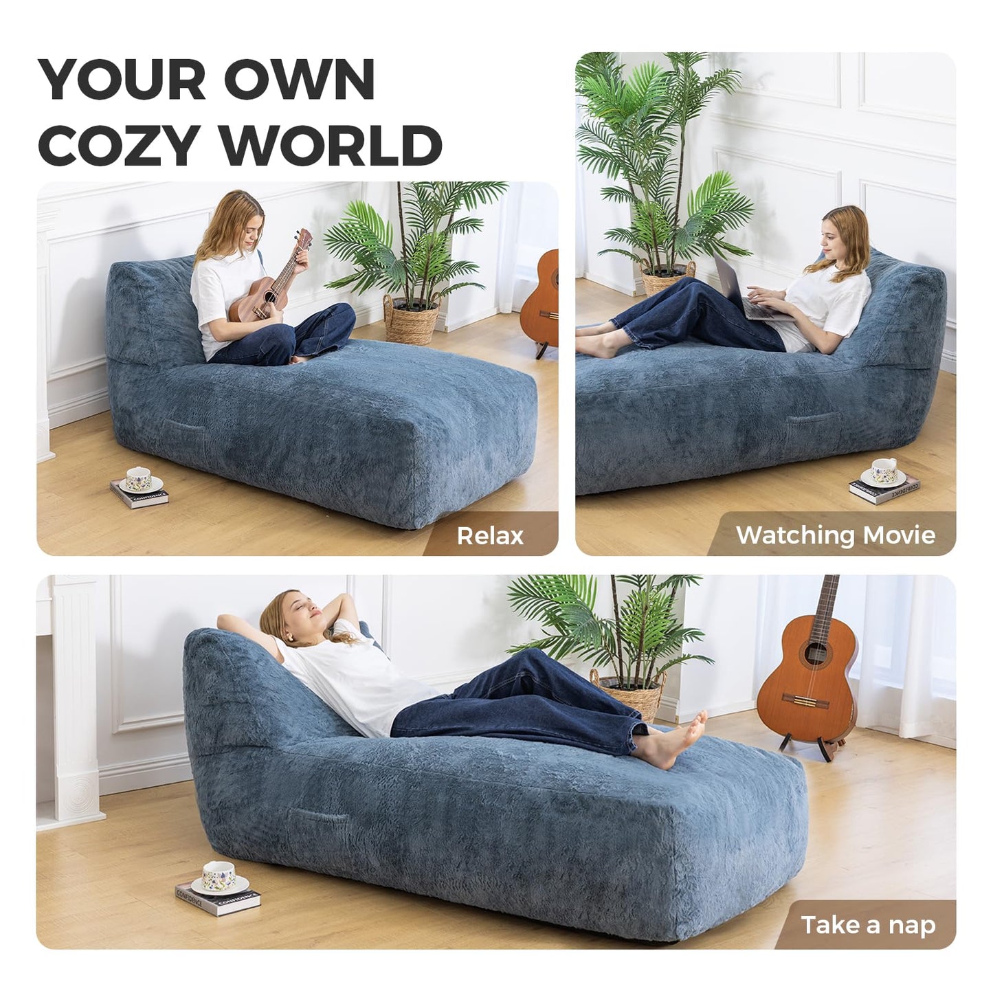 Giant Bean Bag Chair for Adults (59"x34"), Big Faux Fur Plush Bean Bag Lounger, Large Memory Foam Lounger Chair with Pockets for Living Room, Bedroom & Dorm (Bluegrey)